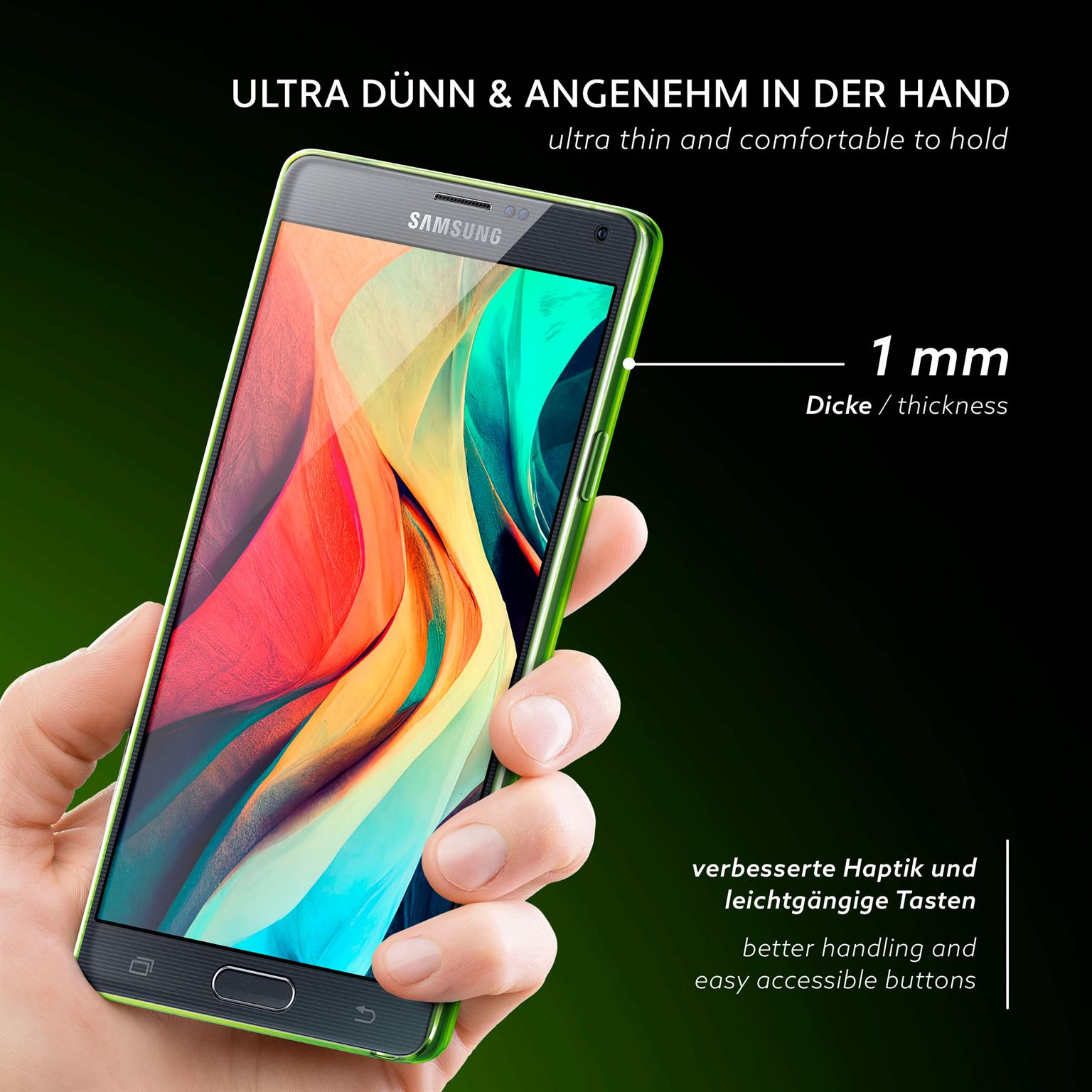 Hand hält Telefon in grüner Hülle, schwarzer Hintergrund.