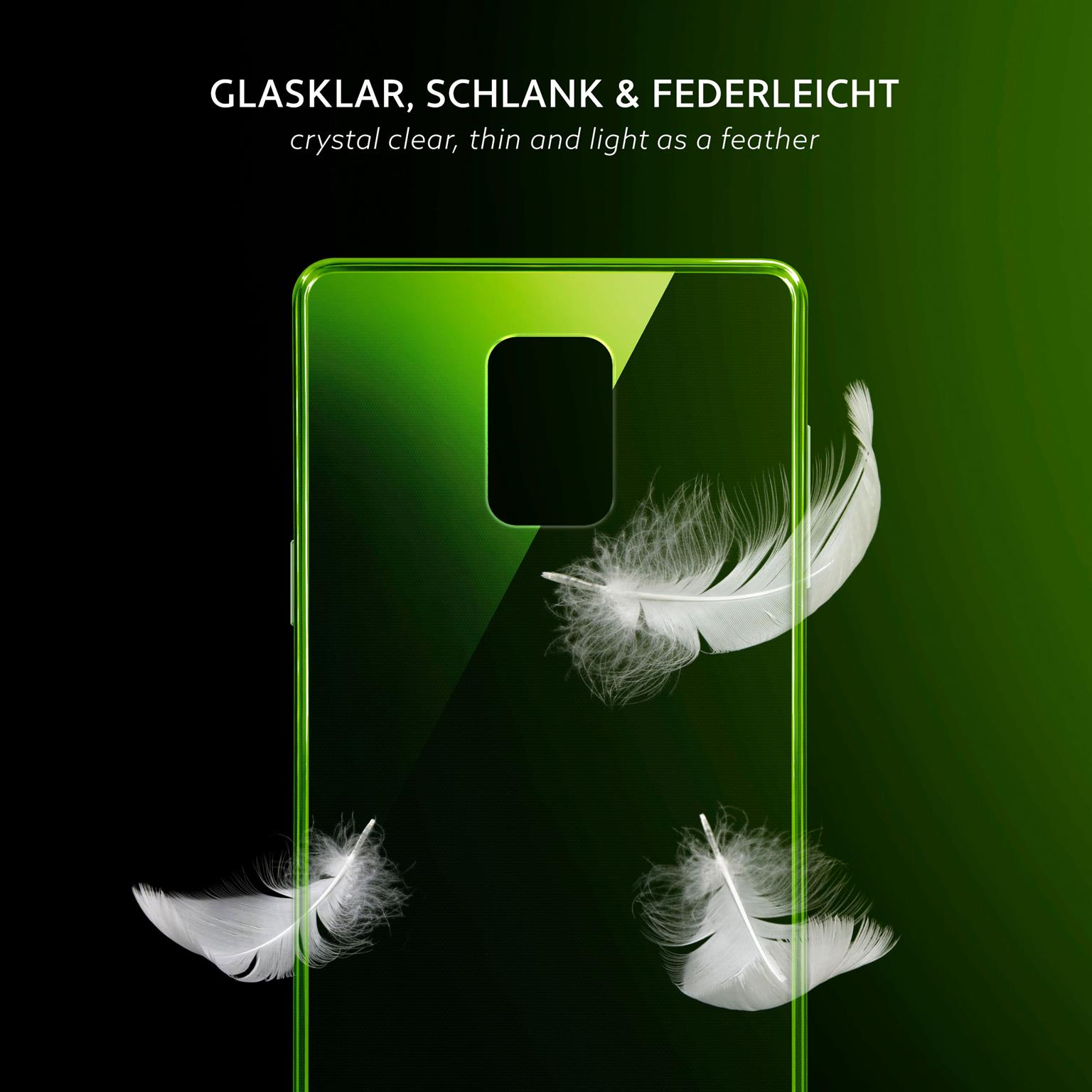 Transparente Handyhülle mit schwebenden Federn. Text: Kristallklar, dünn und federleicht.