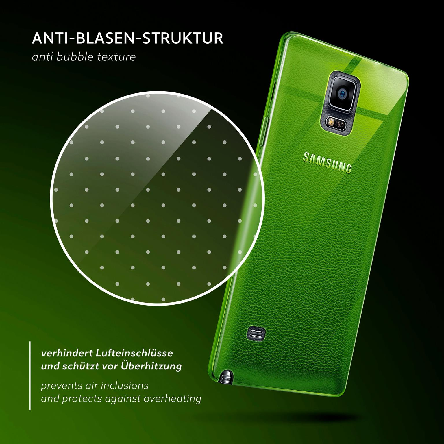 Grüne Handyhülle mit gepunkteter Textur, auf einem Samsung-Telefon, nach rechts geneigt.