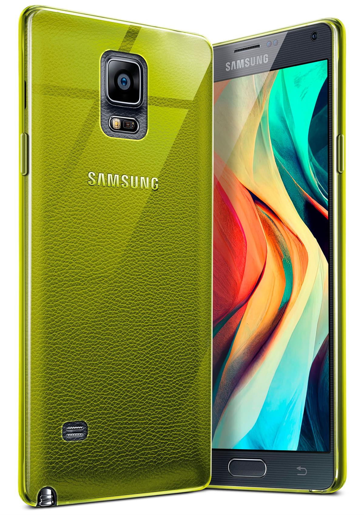 Grünes Telefon mit klarer Hülle, SAMSUNG-Logo. Telefon zeigt abstrakte Kunst.