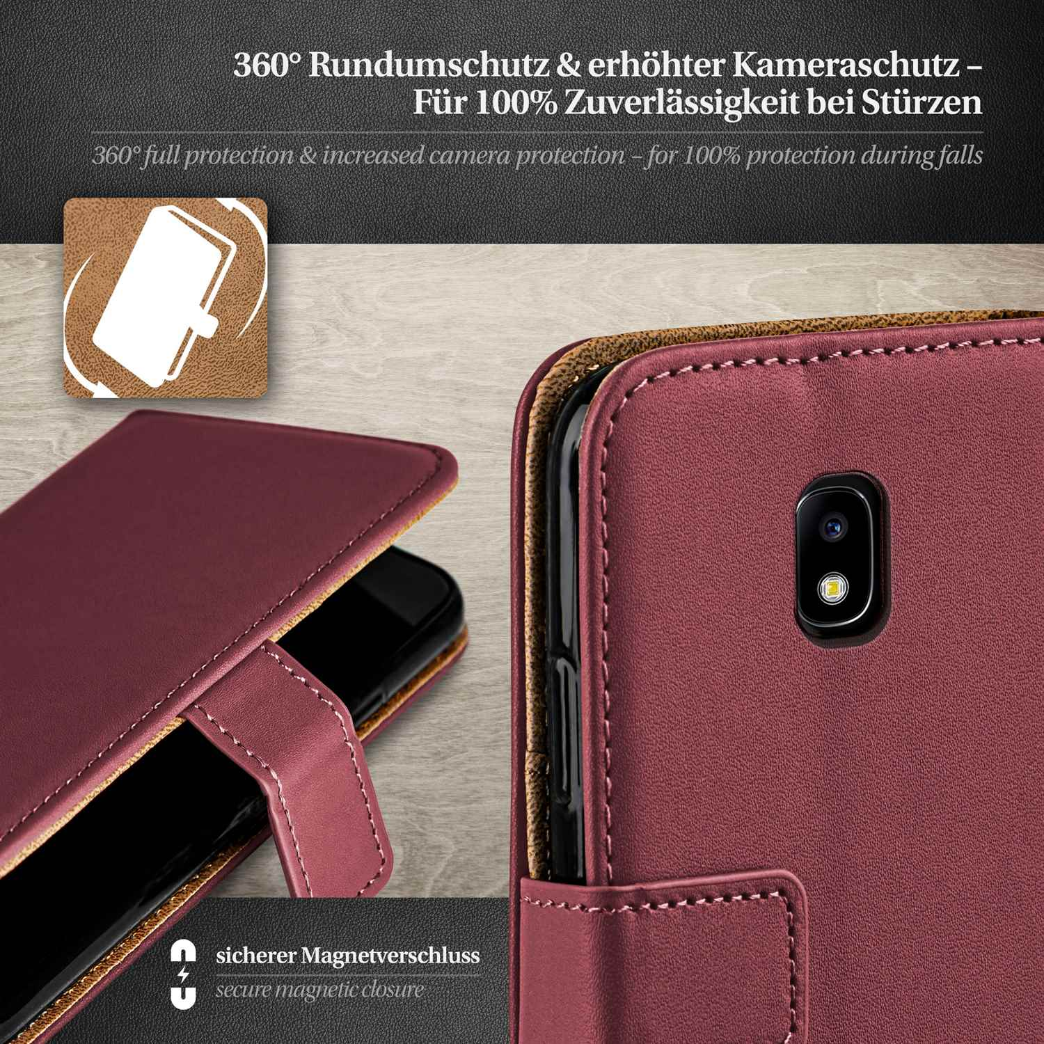 Eine weinrote Handyhülle wird gezeigt. Ein Telefon ist darin. Die Hülle hat einen Magnetverschluss.