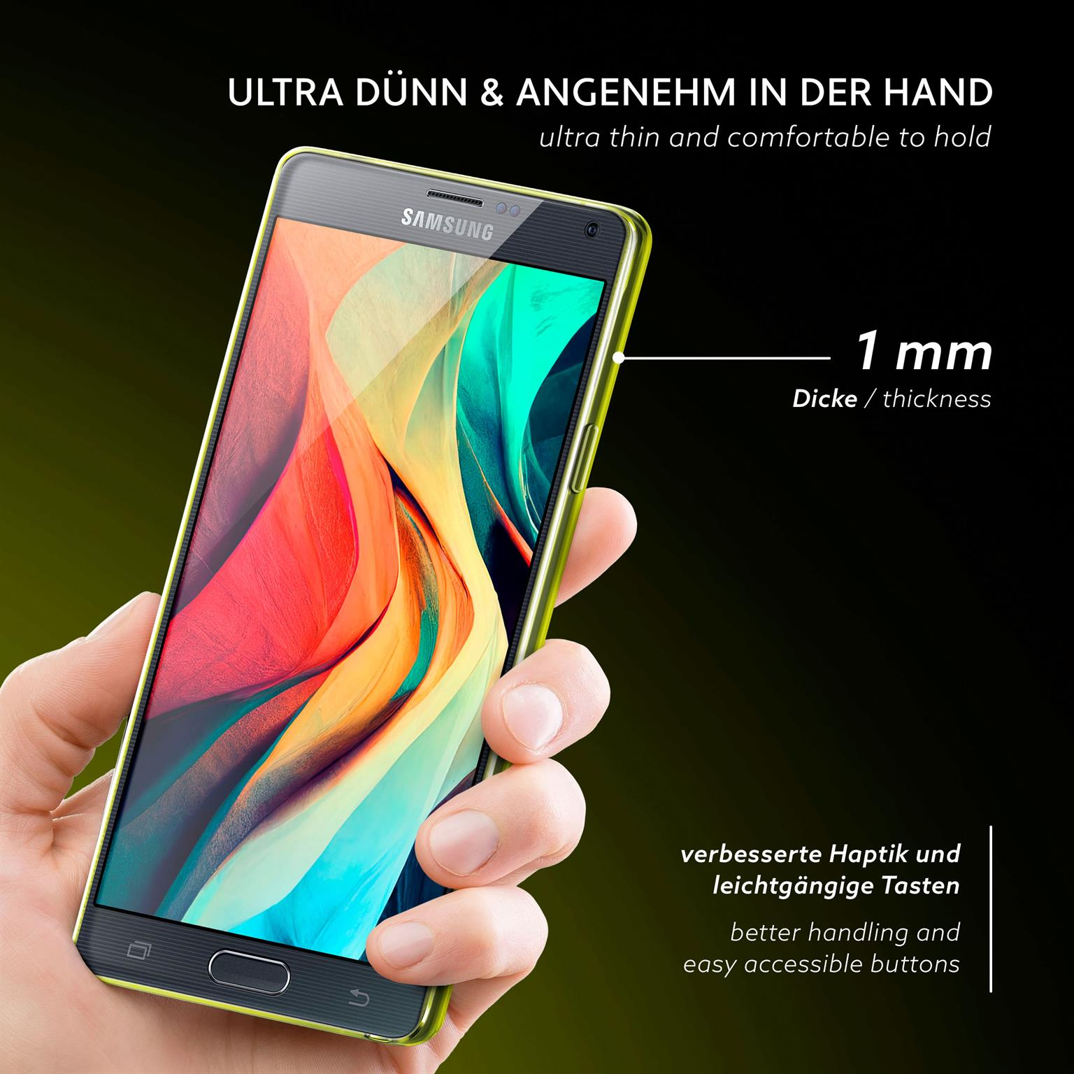 Hand hält Telefon mit grüner Hülle. Das Telefon ist dünn, 1mm dick. Gelbe Ränder.
