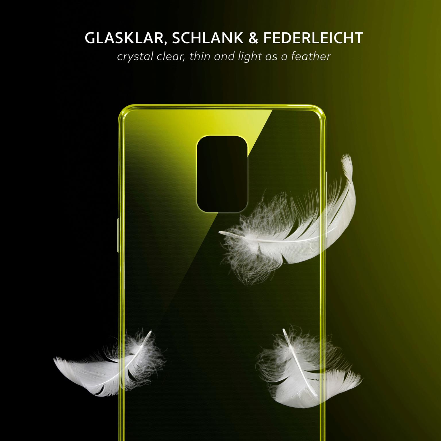Transparente Handyhülle mit drei Federn. Gelb-grüner Hintergrund. Hülle wirkt dünn und leicht.