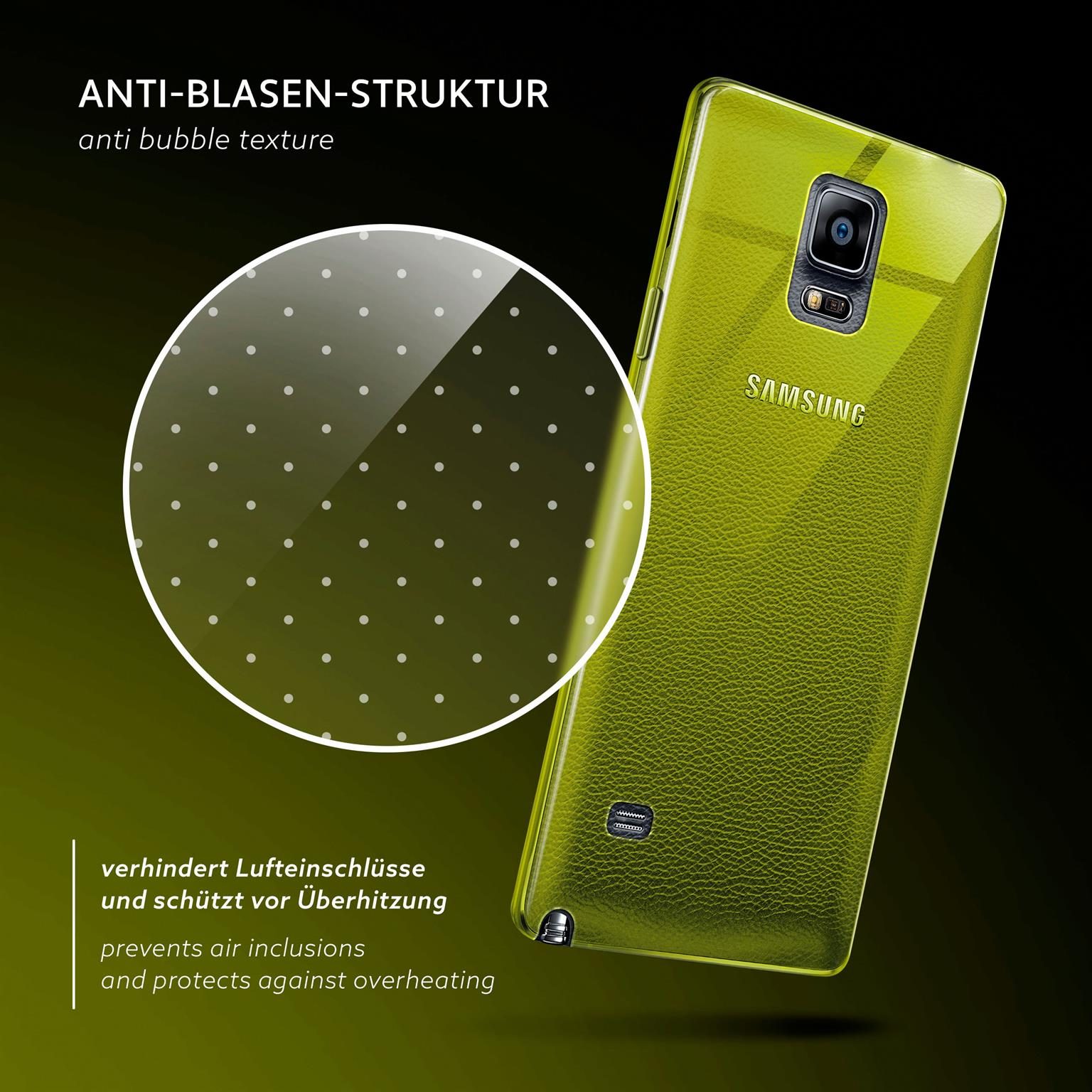 Eine transparente Handyhülle mit gepunktetem Muster und einem Telefon. Text: verhindert Lufteinschlüsse und Überhitzung.
