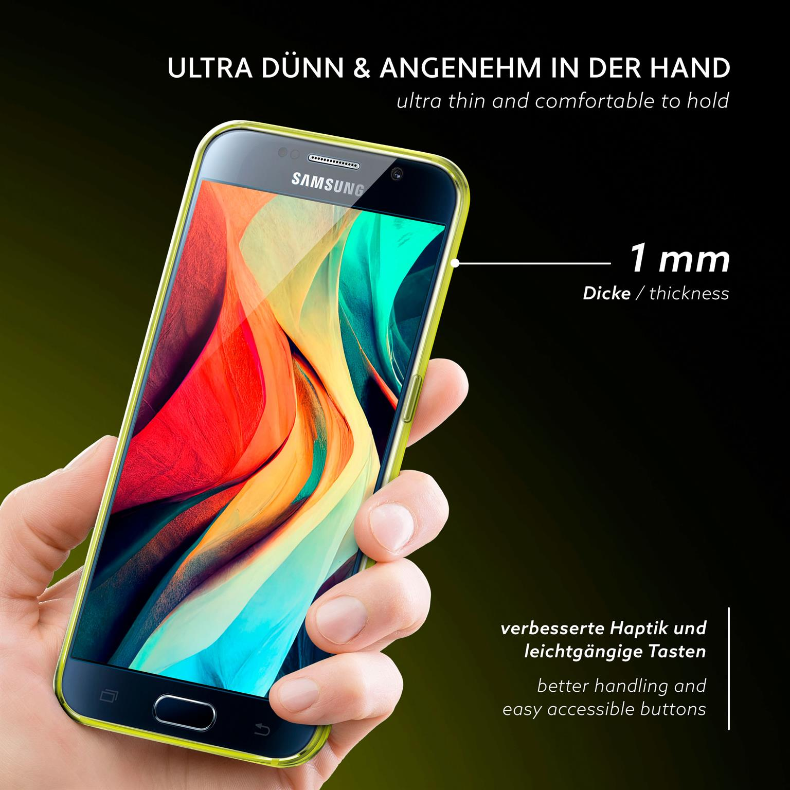 Hand hält Samsung-Handy in gelber Hülle. Das Handy ist dünn, mit gebogenem Bildschirm.