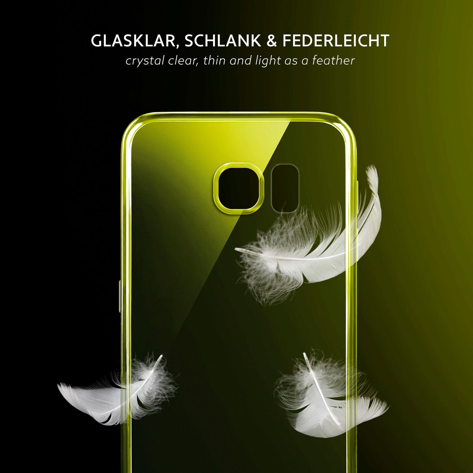 Eine Handyhülle mit transparentem Rücken mit drei weißen Federn, die auf einem grünen Hintergrund schweben.