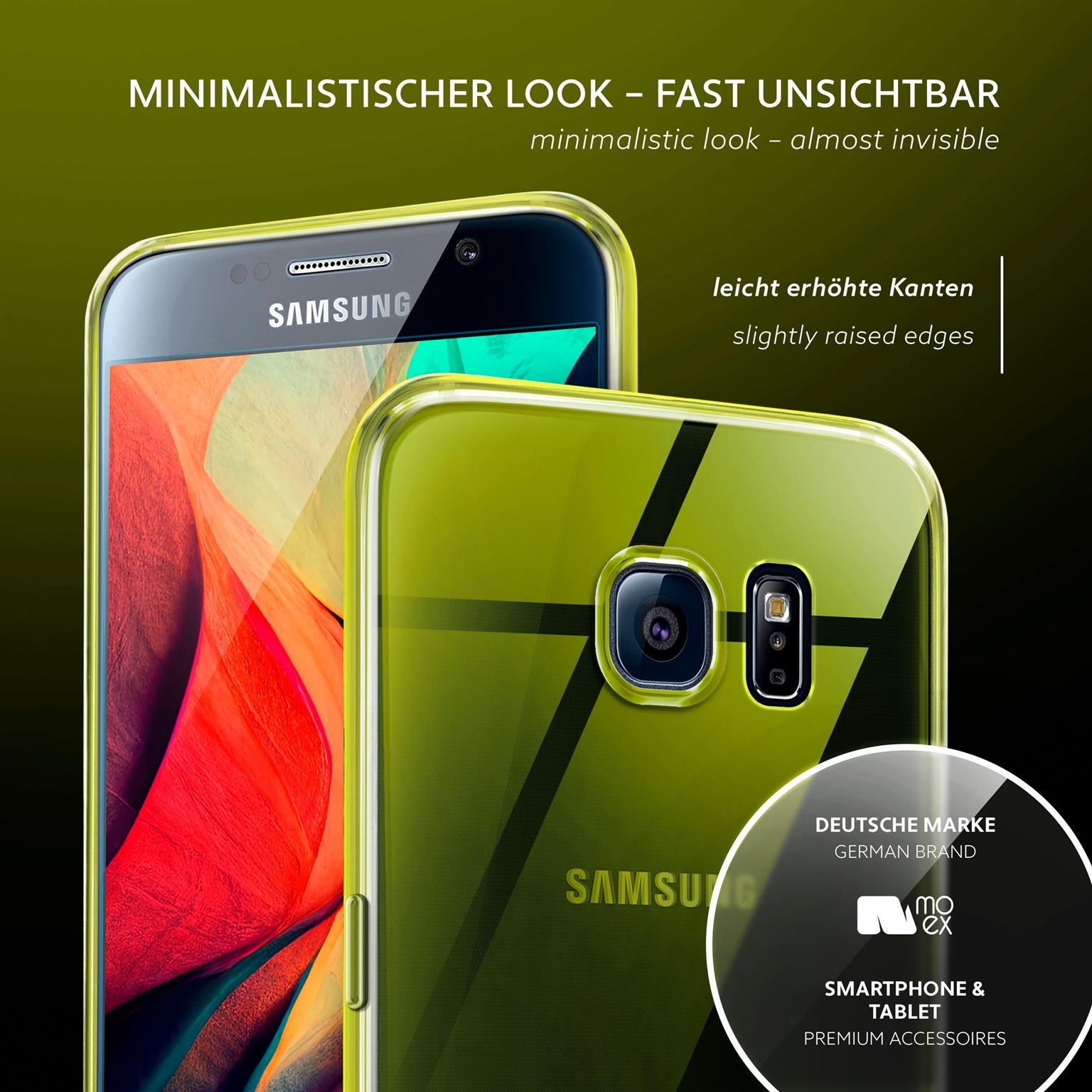 Zwei grün-gelbe Handyhüllen. Samsung-Logo sichtbar. Erhöhte Kanten. Produktinfotext.