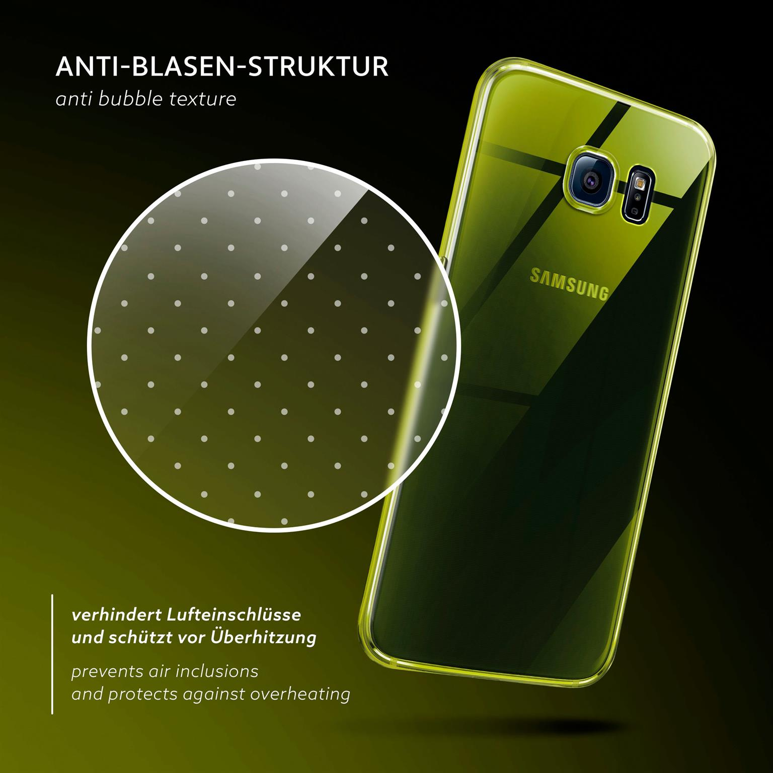 Gelbe Handyhülle mit gepunkteter Textur, auf einem Samsung-Telefon, nach rechts geneigt.