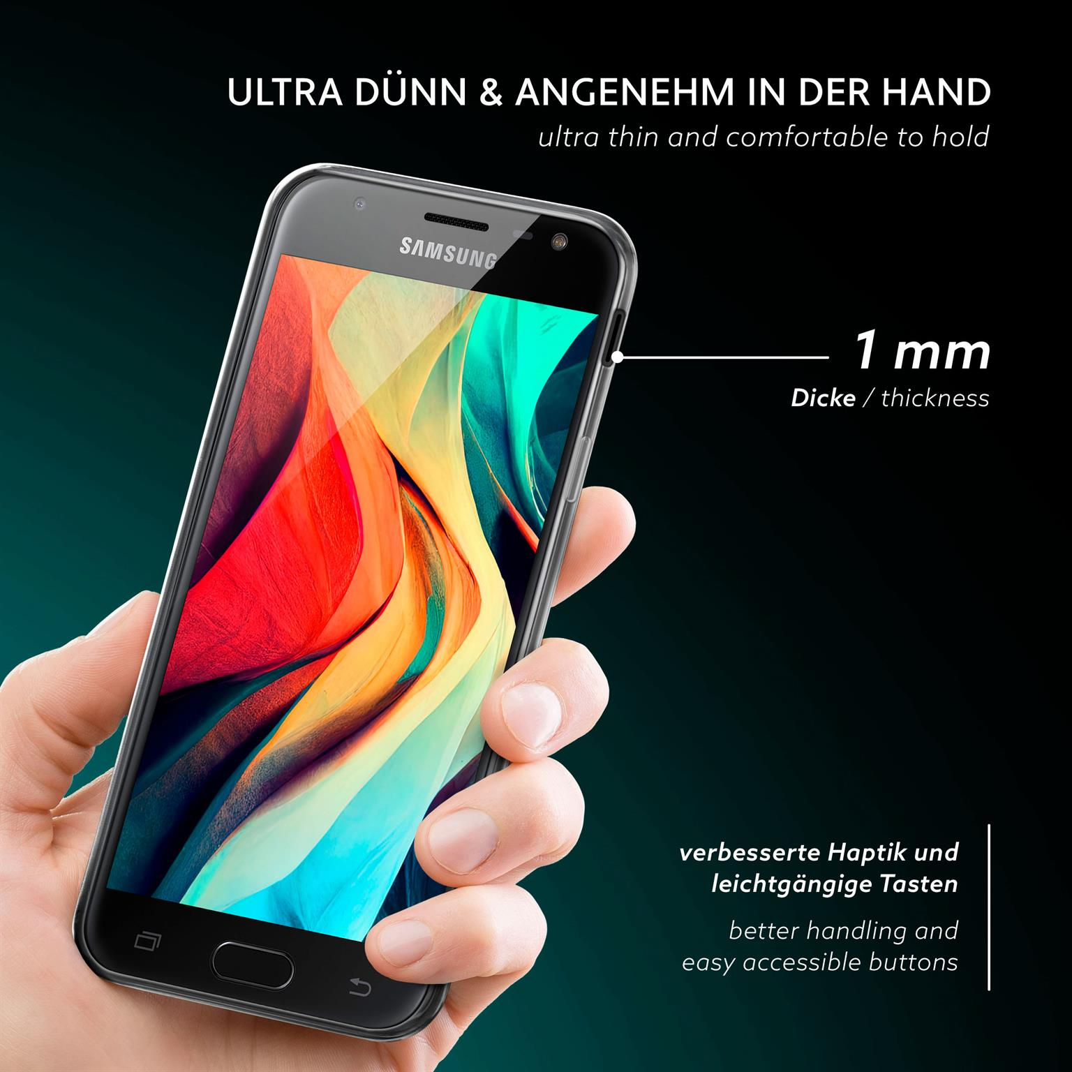 Hand hält Telefon in klarer Hülle. Das Telefon ist ultradünn und hat einen schwarzen Bildschirm. Die Hülle ist dünn.