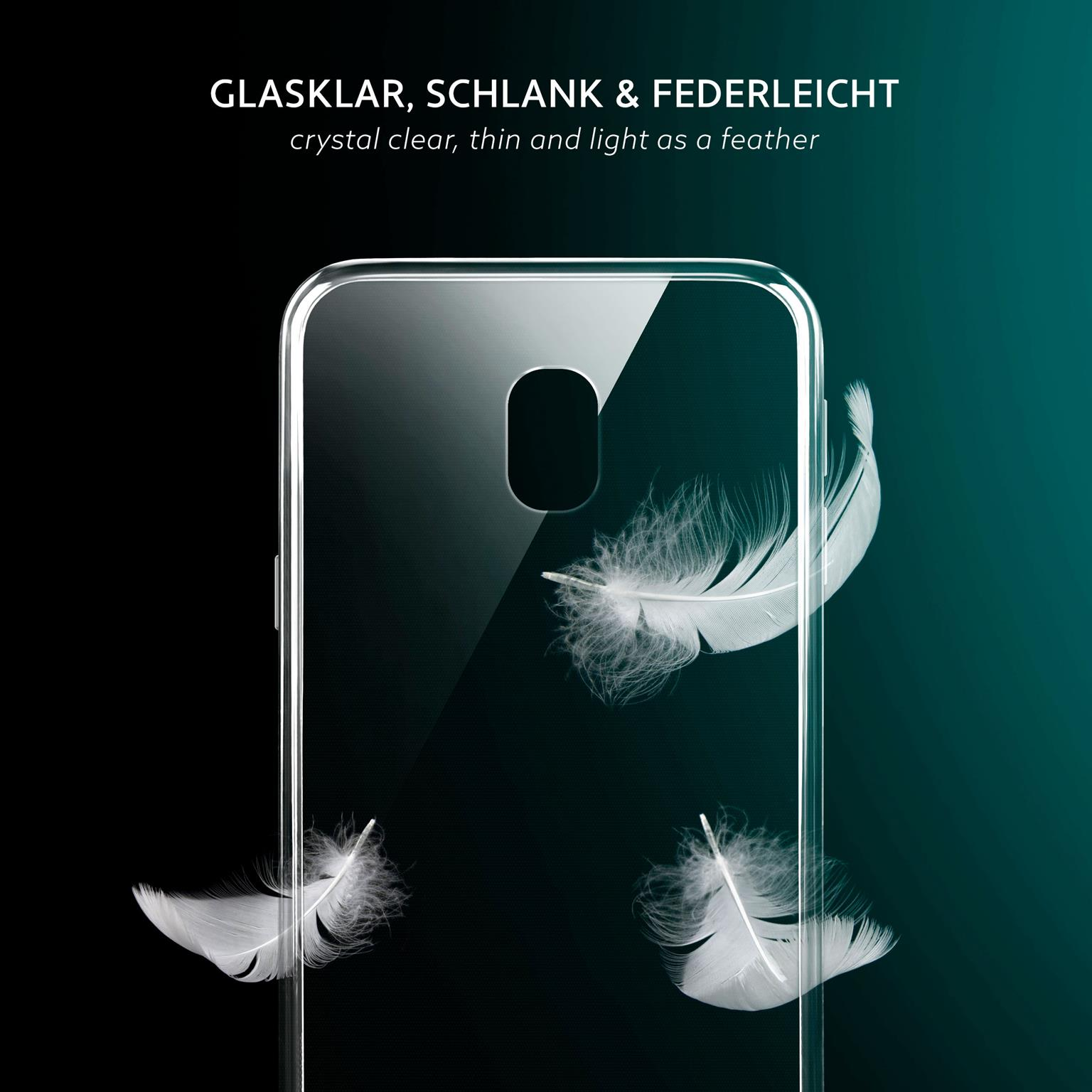 Transparente Handyhülle mit drei weißen Federn auf dunkelgrünem Hintergrund.