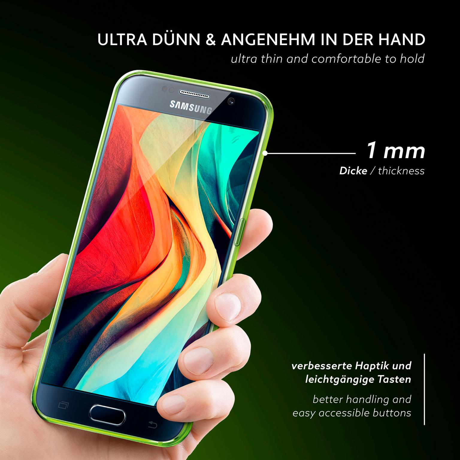 Hand hält Telefon mit grünem Gehäuse, 1 mm dick. Text: Ultra dünn und angenehm zu halten.