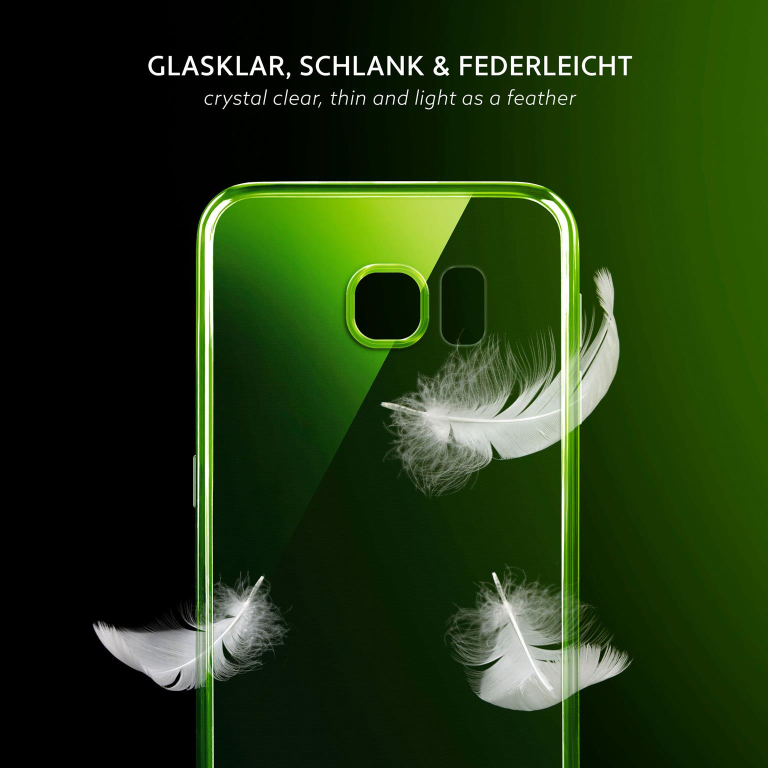 Eine Handyhülle auf grünem Hintergrund mit weißen Federn. Text sagt, kristallklar, dünn und leicht.