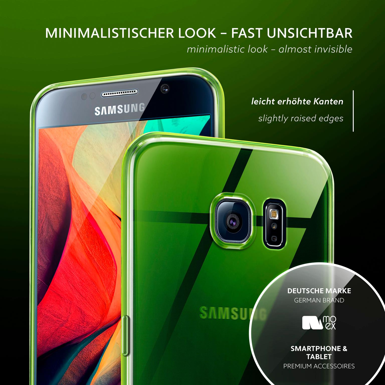 Zwei grün getönte Telefone, eines in einer Hülle mit Samsung-Logo und Text, grüner Hintergrund.
