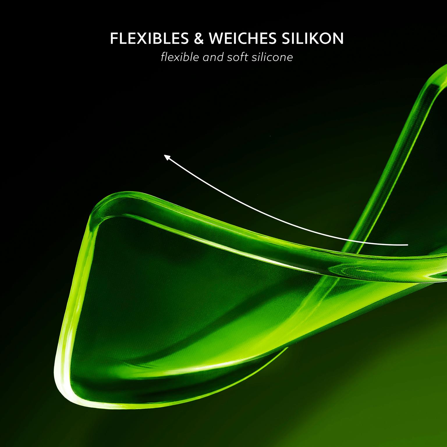 Grüne, flexible Silikonhülle. Weißer Pfeil zeigt Flexibilität. Schwarzer Hintergrund.