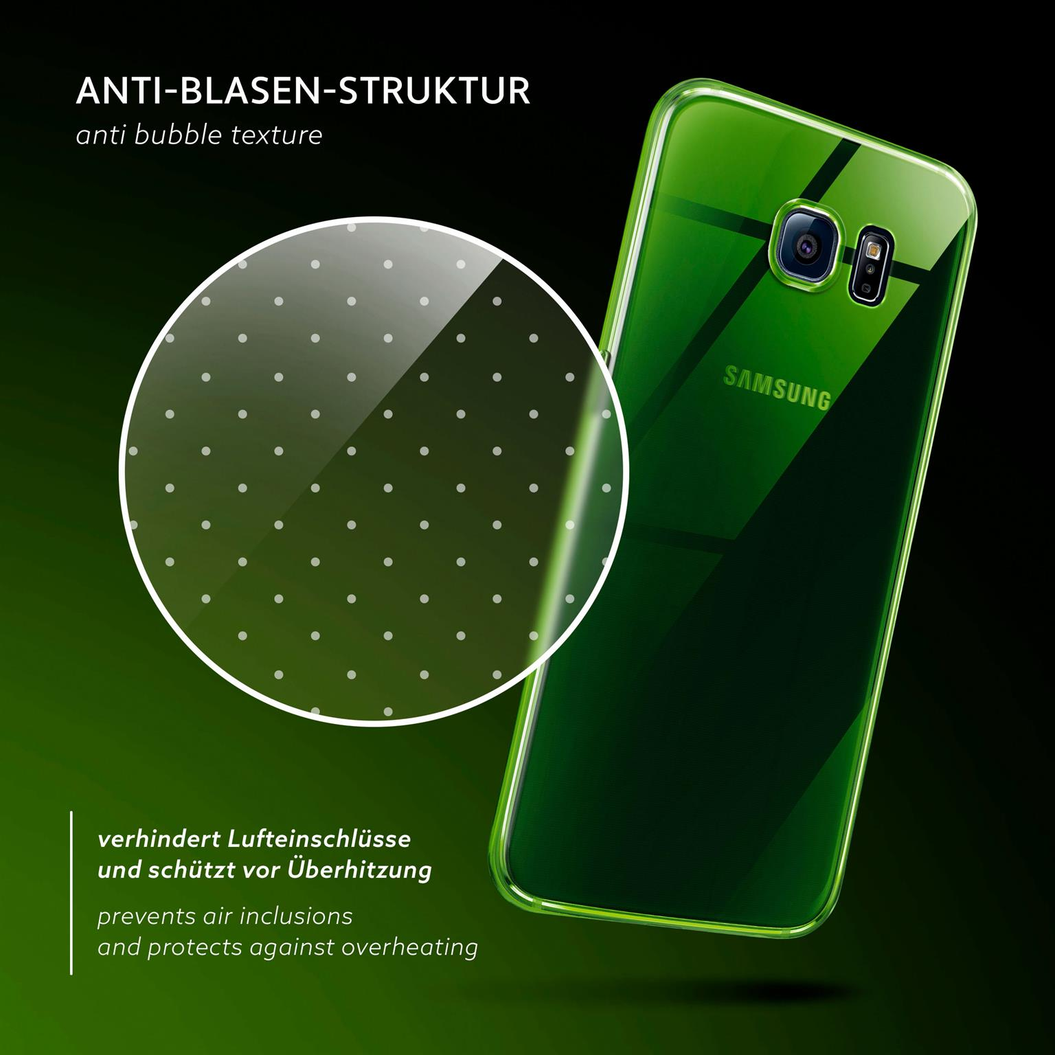 Grüne Handyhülle mit gepunkteter Textur. Ein Telefon ist darin. Der Hintergrund ist schwarz.