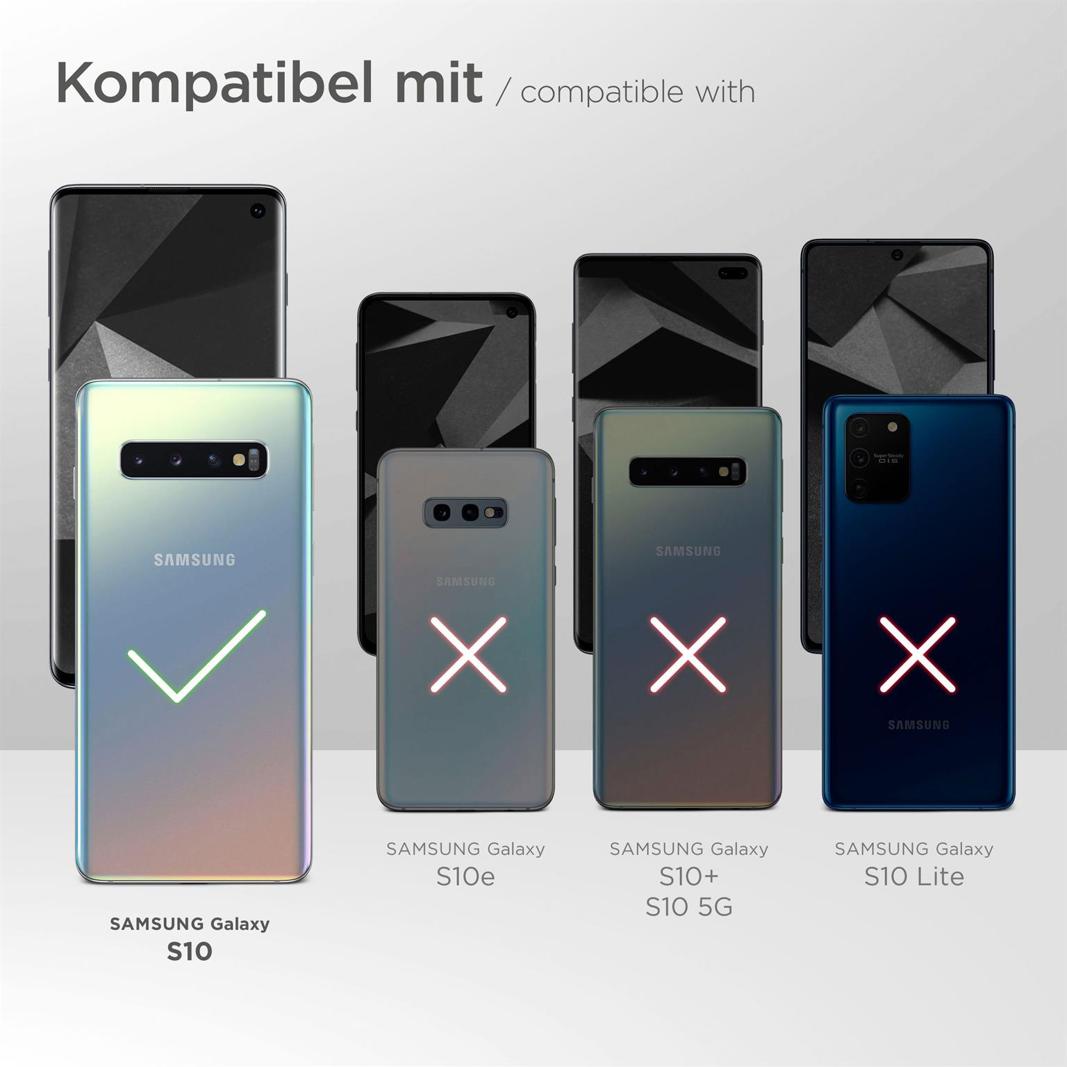 Diagramm zur Kompatibilität mit Samsung Galaxy S10, durch ein Häkchen gekennzeichnet, andere mit X-Markierungen.