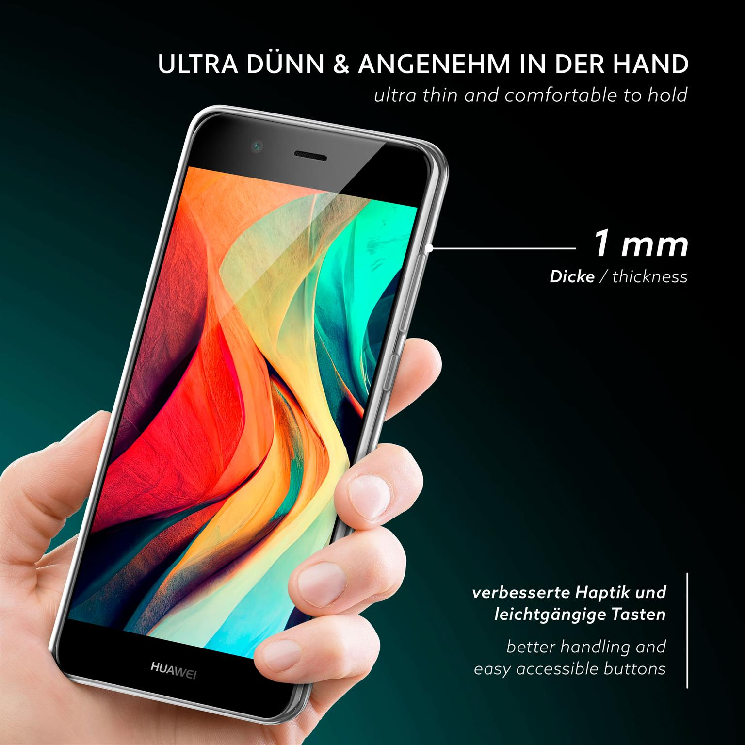 Eine Hand, die ein Telefon in einer transparenten Hülle hält. Die Hülle ist dünn, mit einer Dicke von 1 mm.