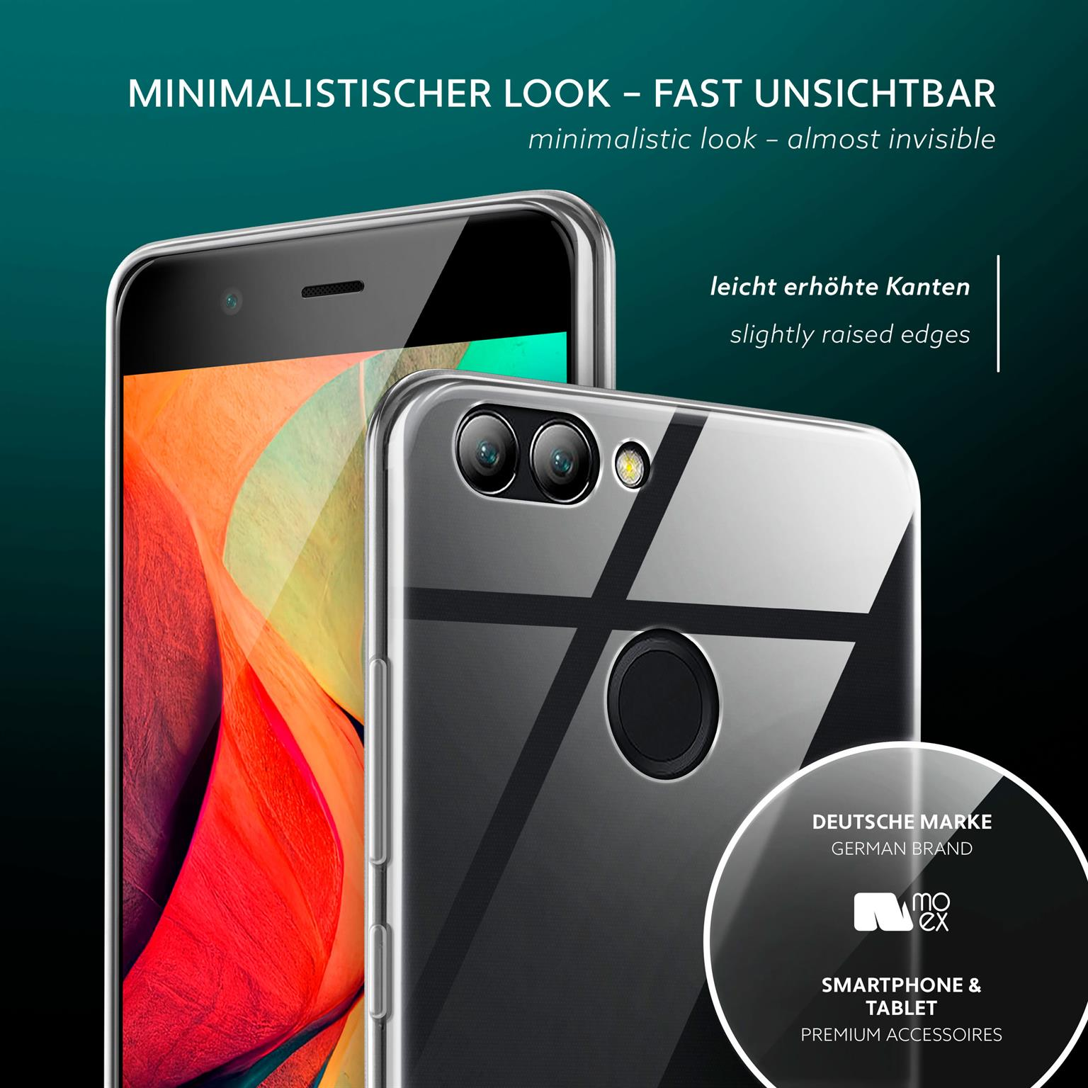 Zwei Telefone. Eine transparente Hülle. Markenlogo im Kreis. Schwarzes und rotes Telefon.