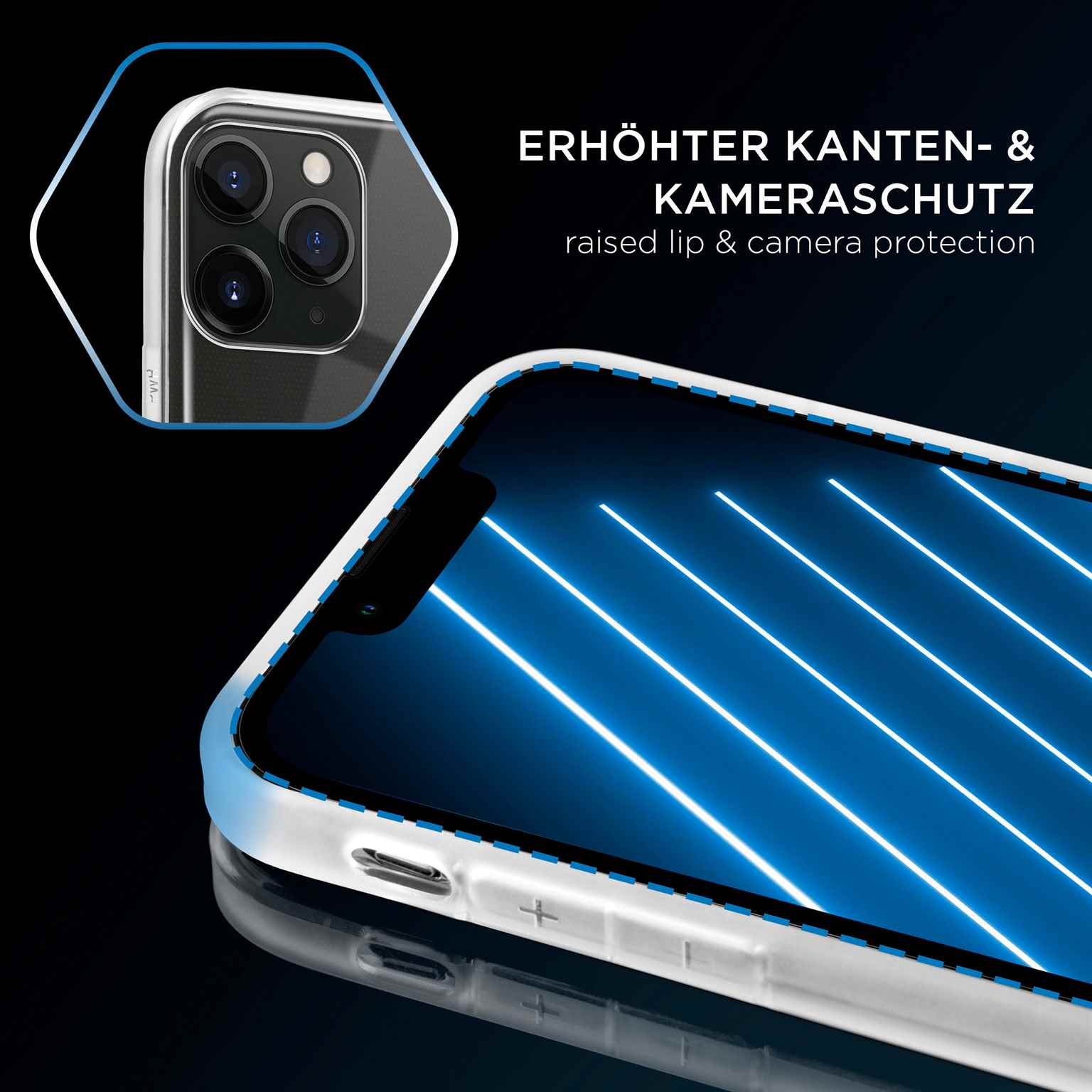 Telefon mit klarer Hülle, erhöhte Kanten. Blaue Linien auf dem Bildschirm. Kameraschutz.
