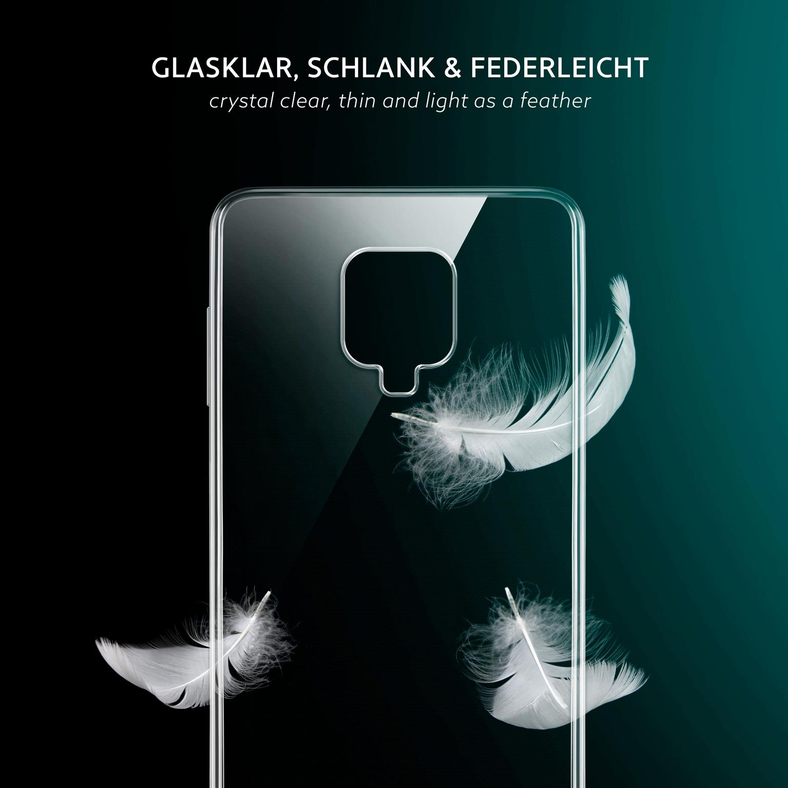 Transparente Handyhülle mit drei Federn. Schwarz-grüner Hintergrund.