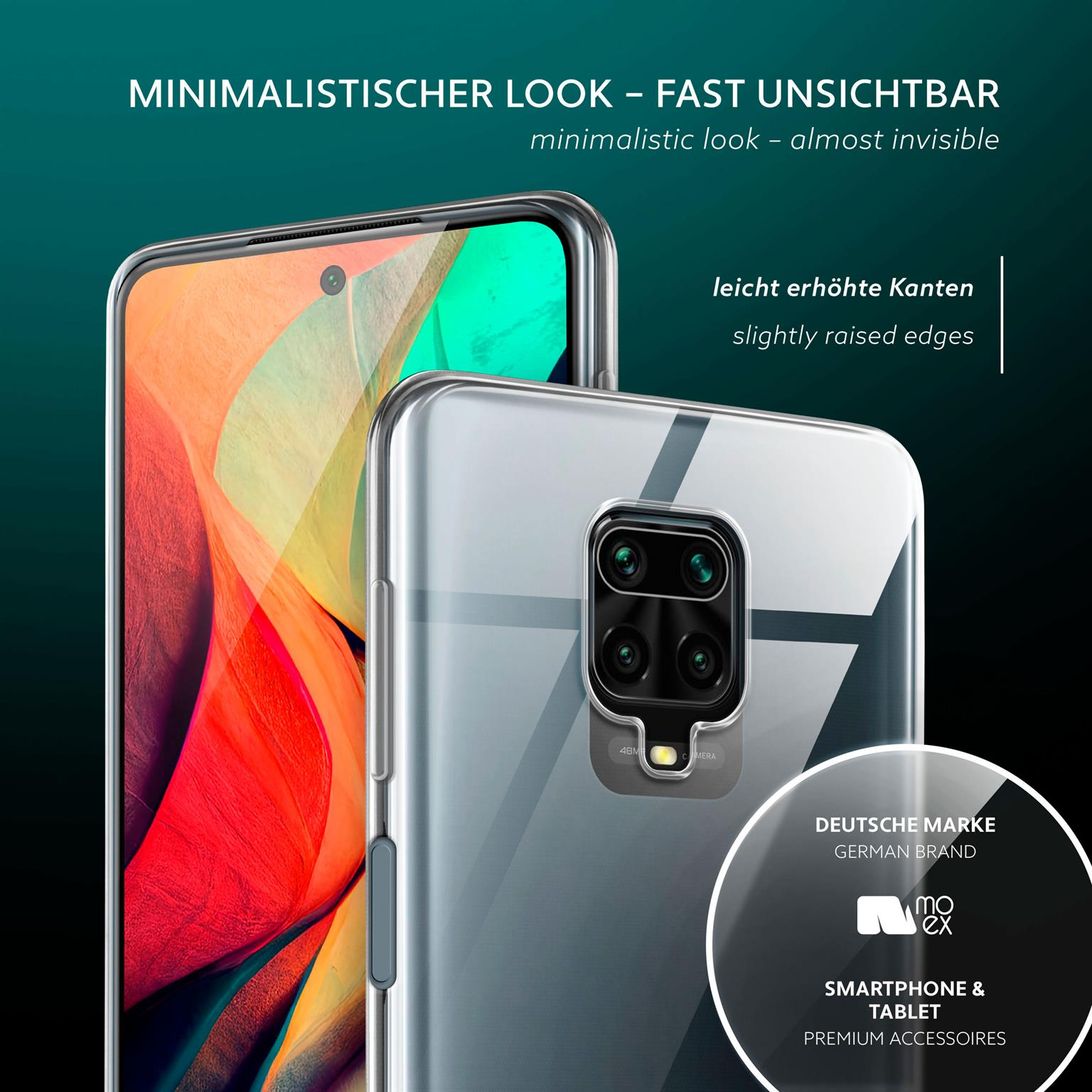 Telefon in klarer Hülle. Erhöhte Kanten. Minimalistisches Design. Deutsches Markenlogo.