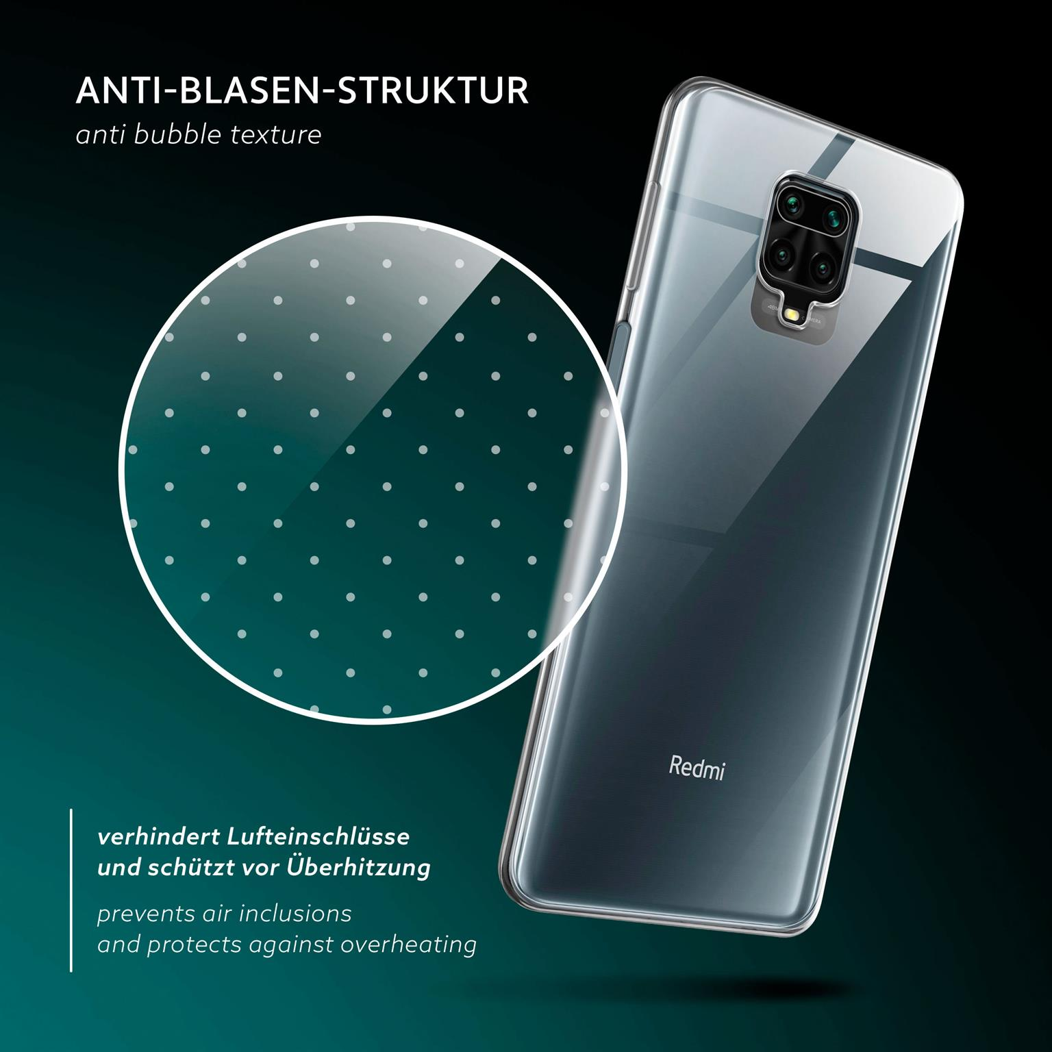 Transparente Handyhülle auf schwarzem Hintergrund. Hülle hat gepunktetes Muster und bedeckt schwarzes Telefon.