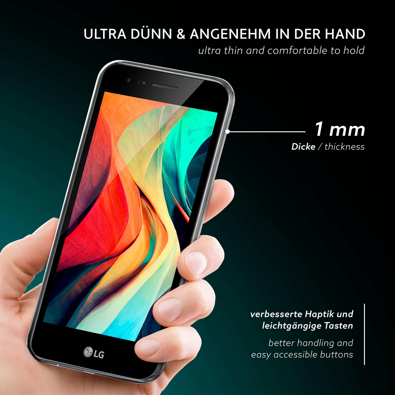 Hand hält LG-Telefon mit klarer Hülle. Text über ultradünn, angenehm zu halten, mit 1 mm Dicke.