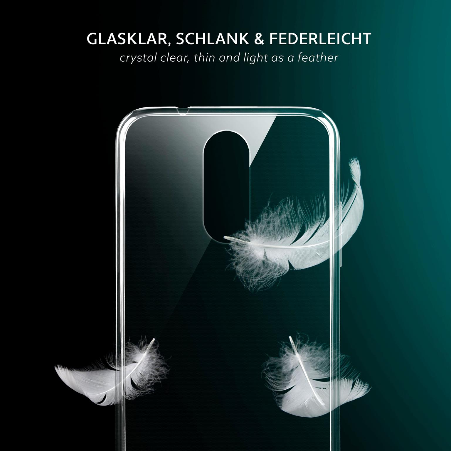 Eine transparente Handyhülle mit weißen Federn, die vor einem dunkelgrünen Hintergrund schweben.