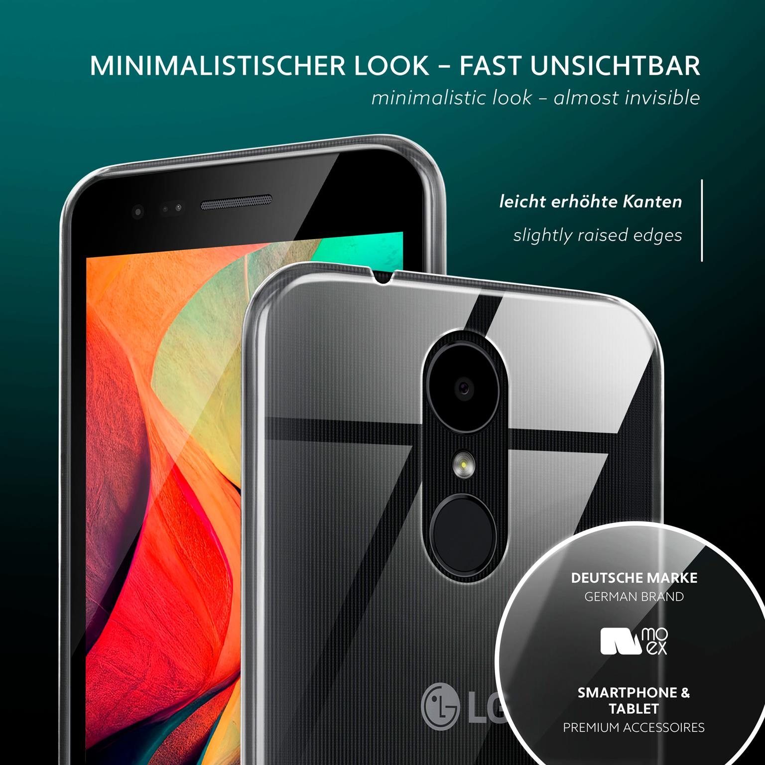 Nahaufnahme einer transparenten Handyhülle mit einem Telefon darin. LG-Telefon sichtbar, deutsche Marke.