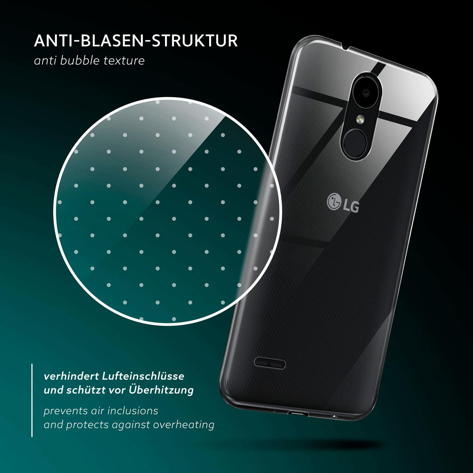 Transparente Handyhülle mit vergrößerter Ansicht von Punkten auf einem Telefon. Ein LG-Telefon befindet sich im Gehäuse.