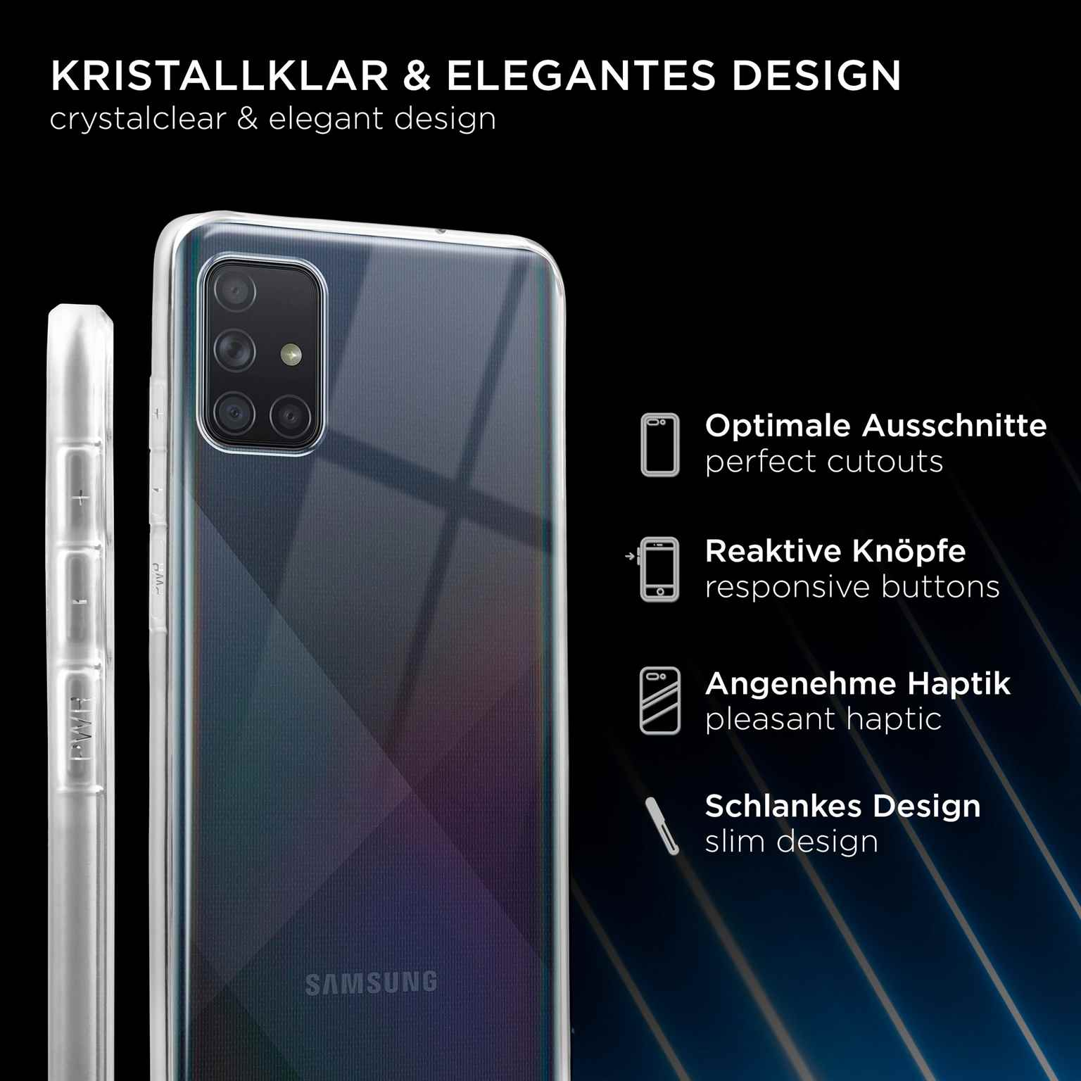 Transparente Handyhülle auf einem Samsung-Telefon. Text: Kristallklares & elegantes Design.