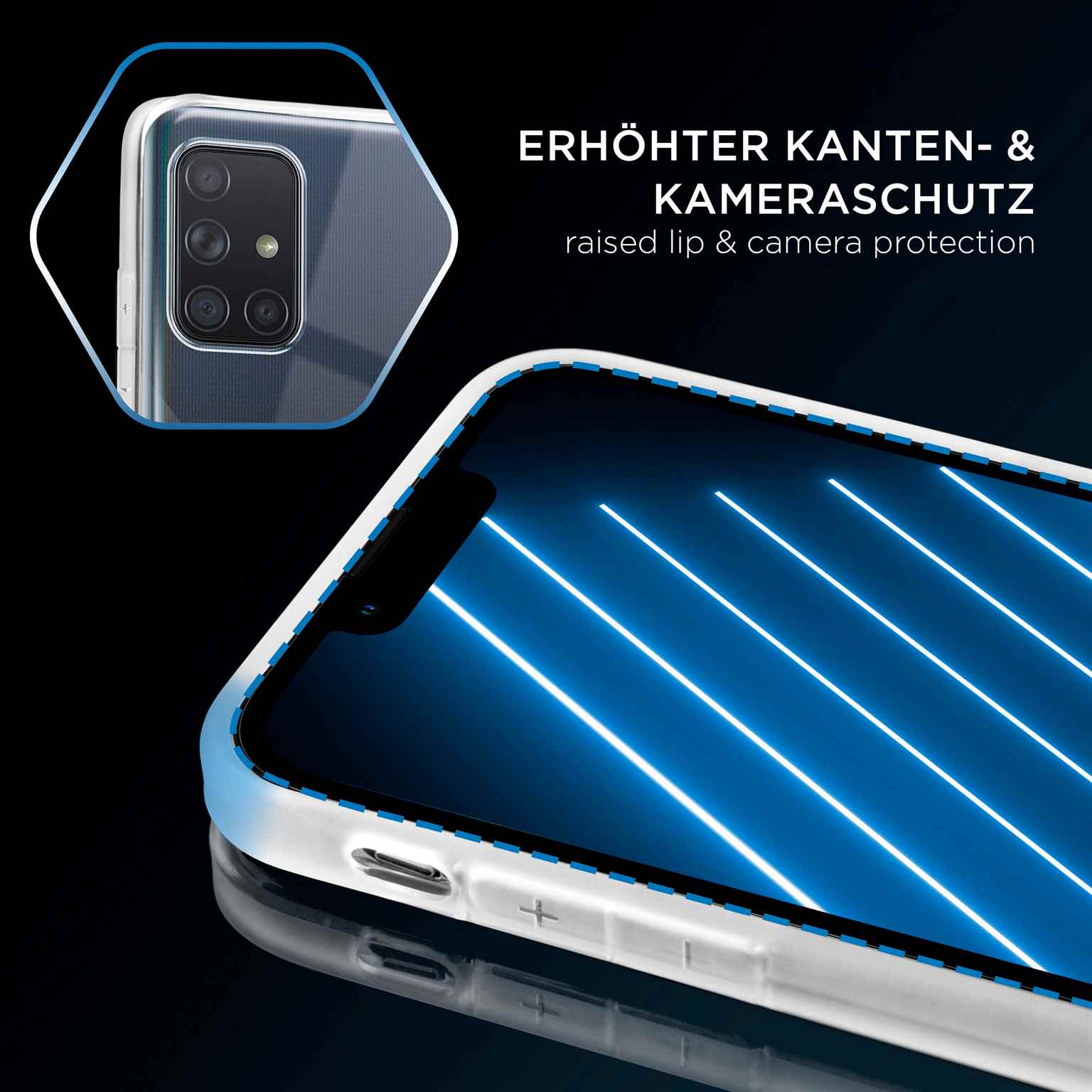 Ein Telefon in einer transparenten Hülle mit erhöhten Rändern und Kameraschutz.