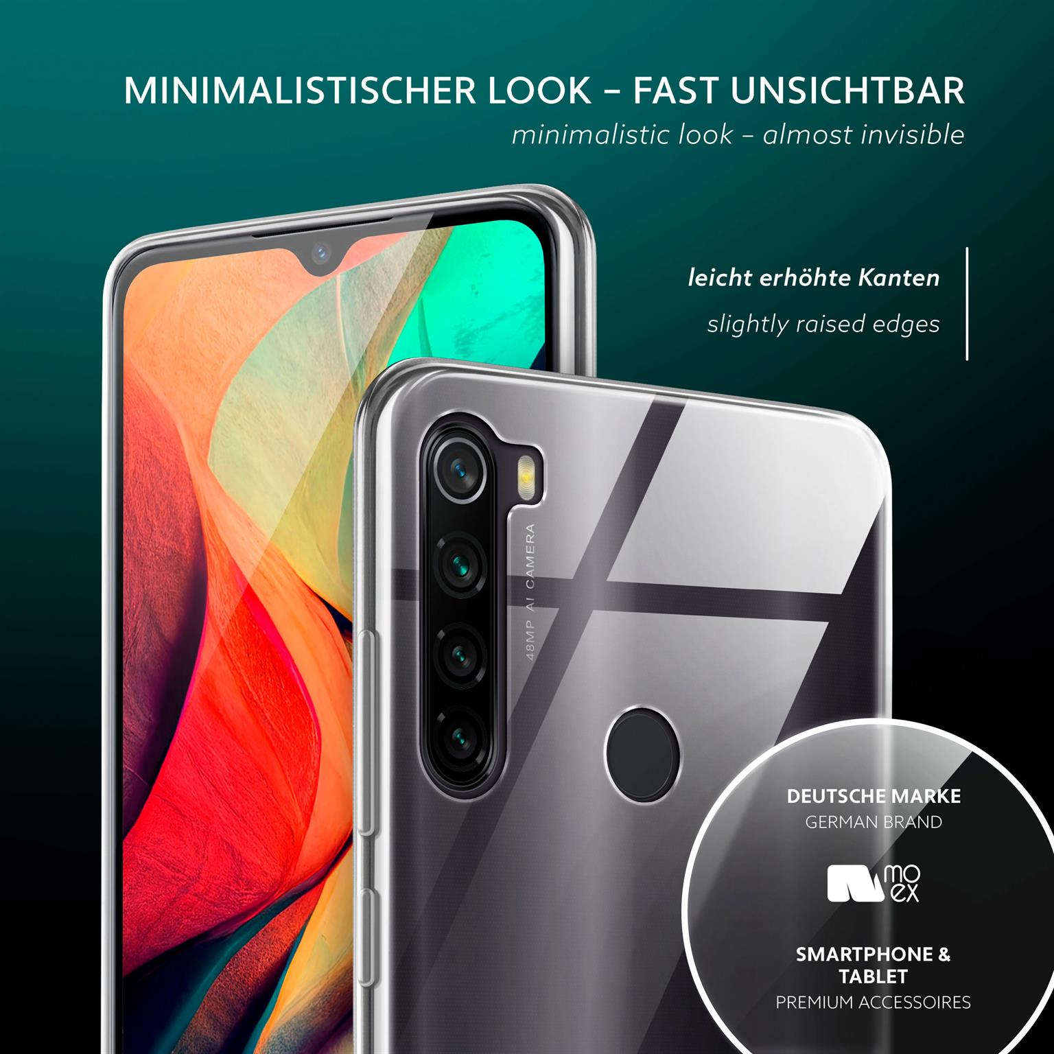 Zwei Telefone mit transparenten Hüllen, eines mit farbigem Bildschirm, auf dunklem Hintergrund.