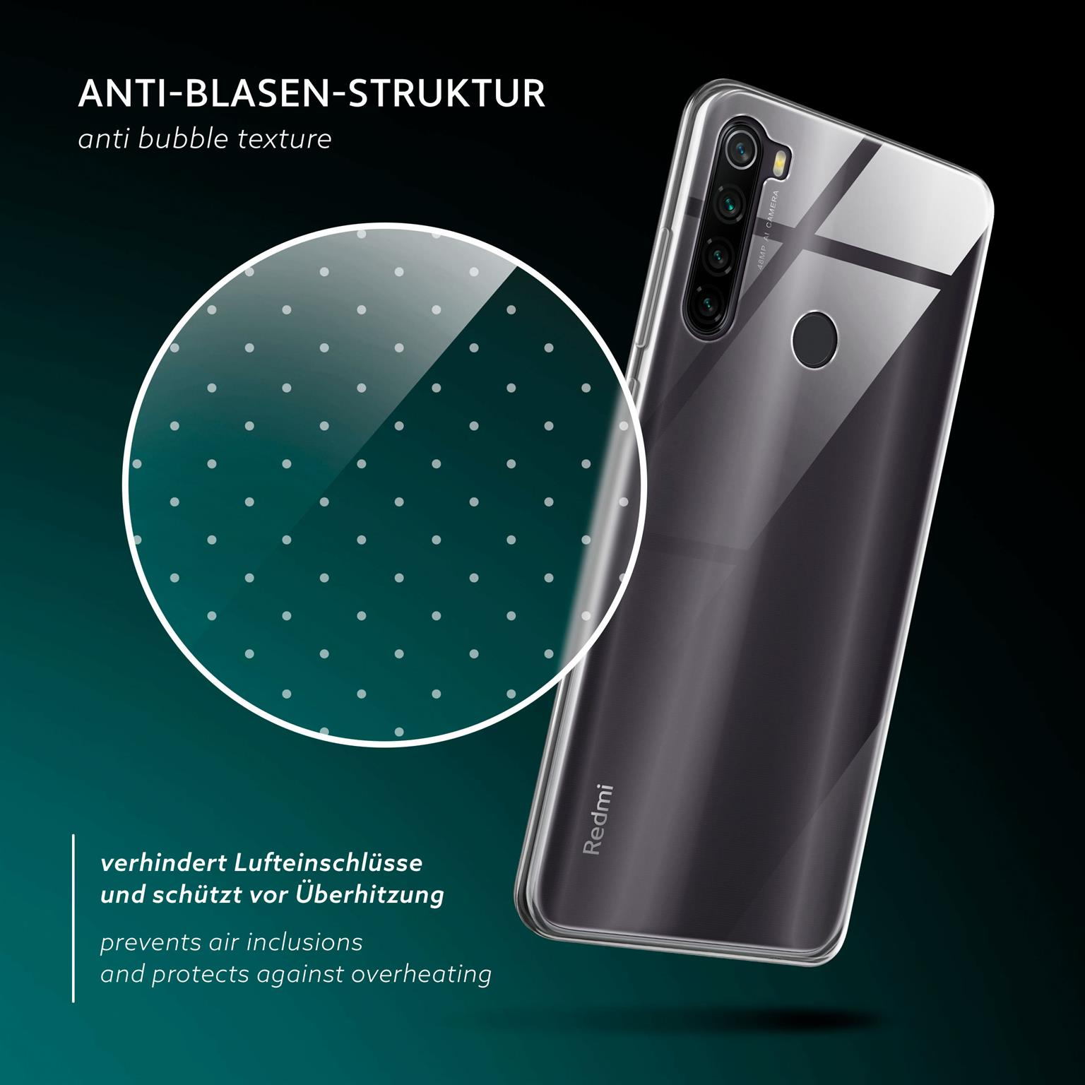 Transparente Handyhülle mit Blasenstruktur auf schwarzem Telefon. Redmi-Logo sichtbar.