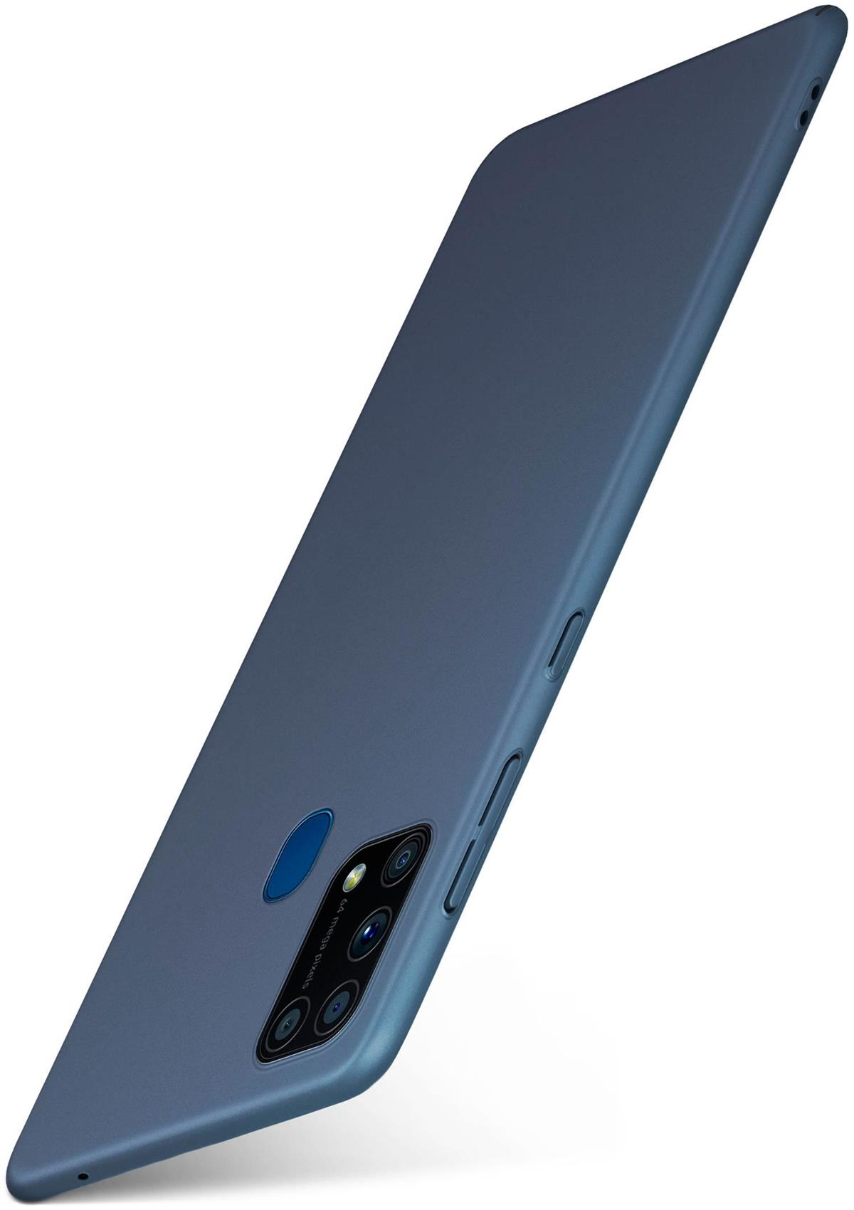 Dunkelblaue Handyhülle angewinkelt, Kamera und Knöpfe zeigend. Das Telefon ist blau.