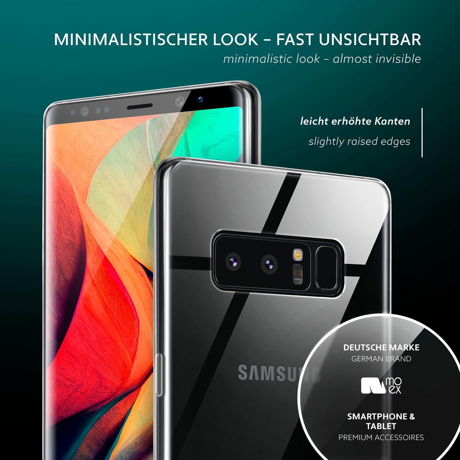 Zwei Handyhüllen: eine auf einem Telefon, die andere davor. Text: minimalistischer Look.