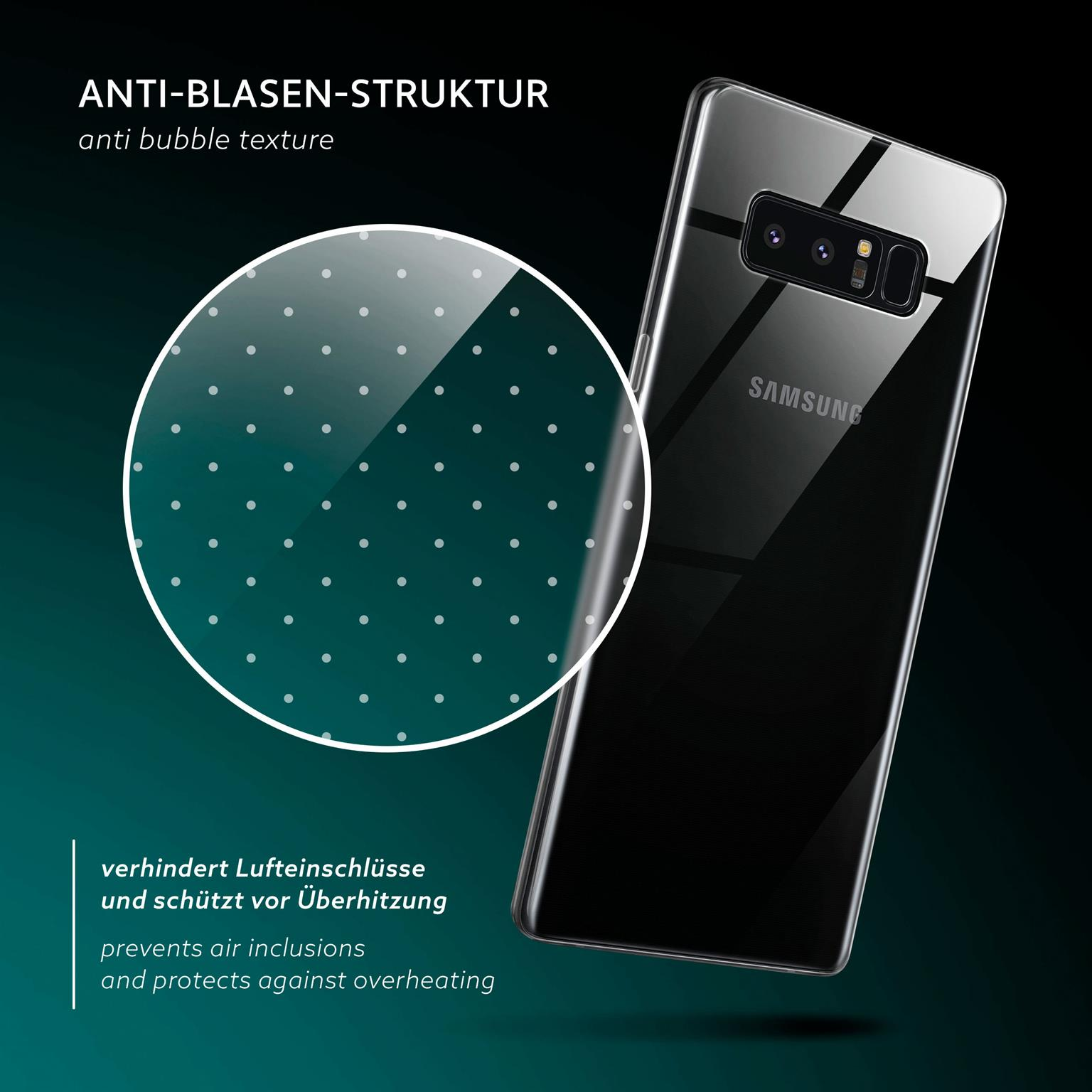 Klare Handyhülle mit Blasen verhindernden Punkten und Text. Das Telefon ist schwarz und hat ein Samsung-Logo.