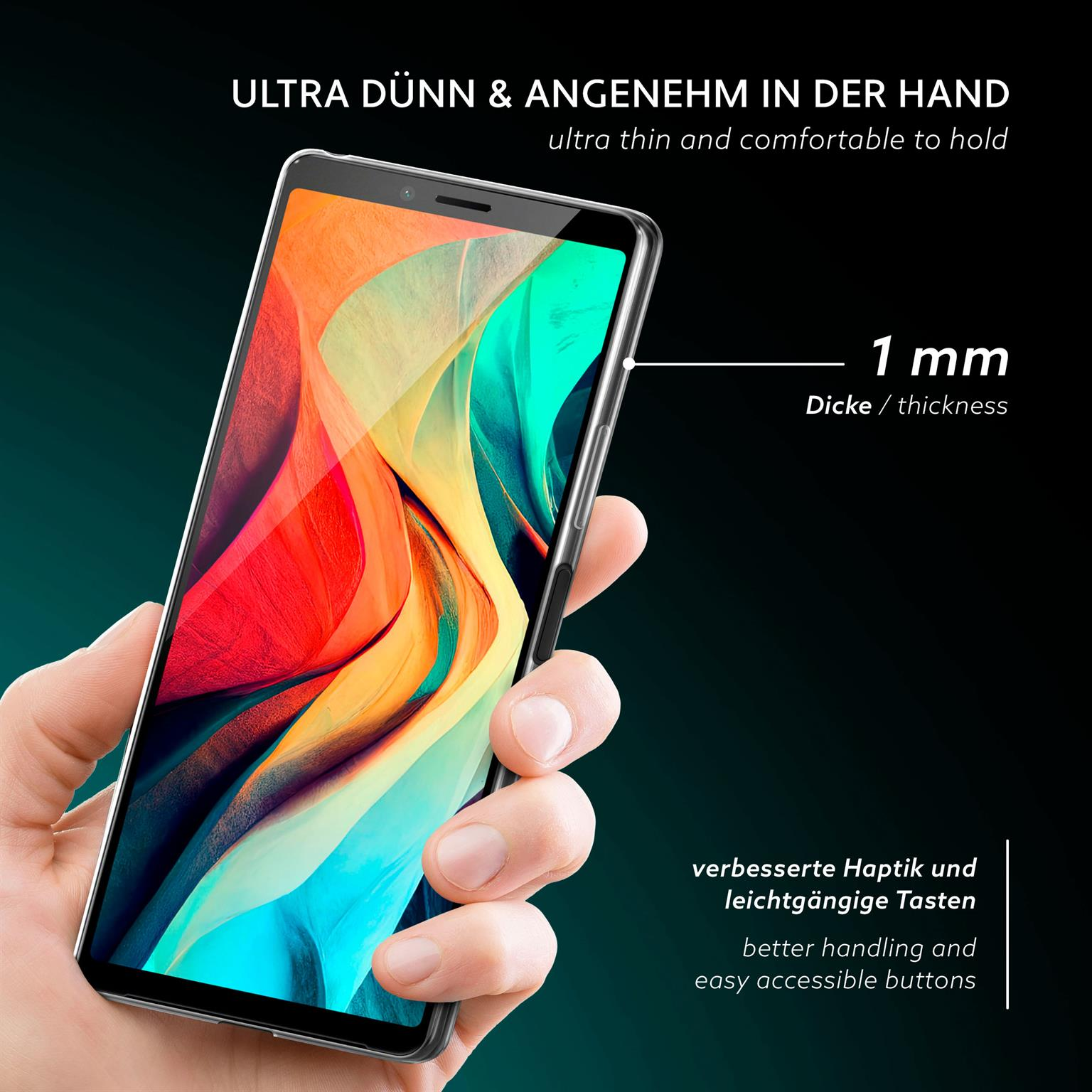 Hand hält Handy in Hülle. Hülle ist ultra dünn mit 1 mm Dicke. Text sagt 'besseres Handling'.