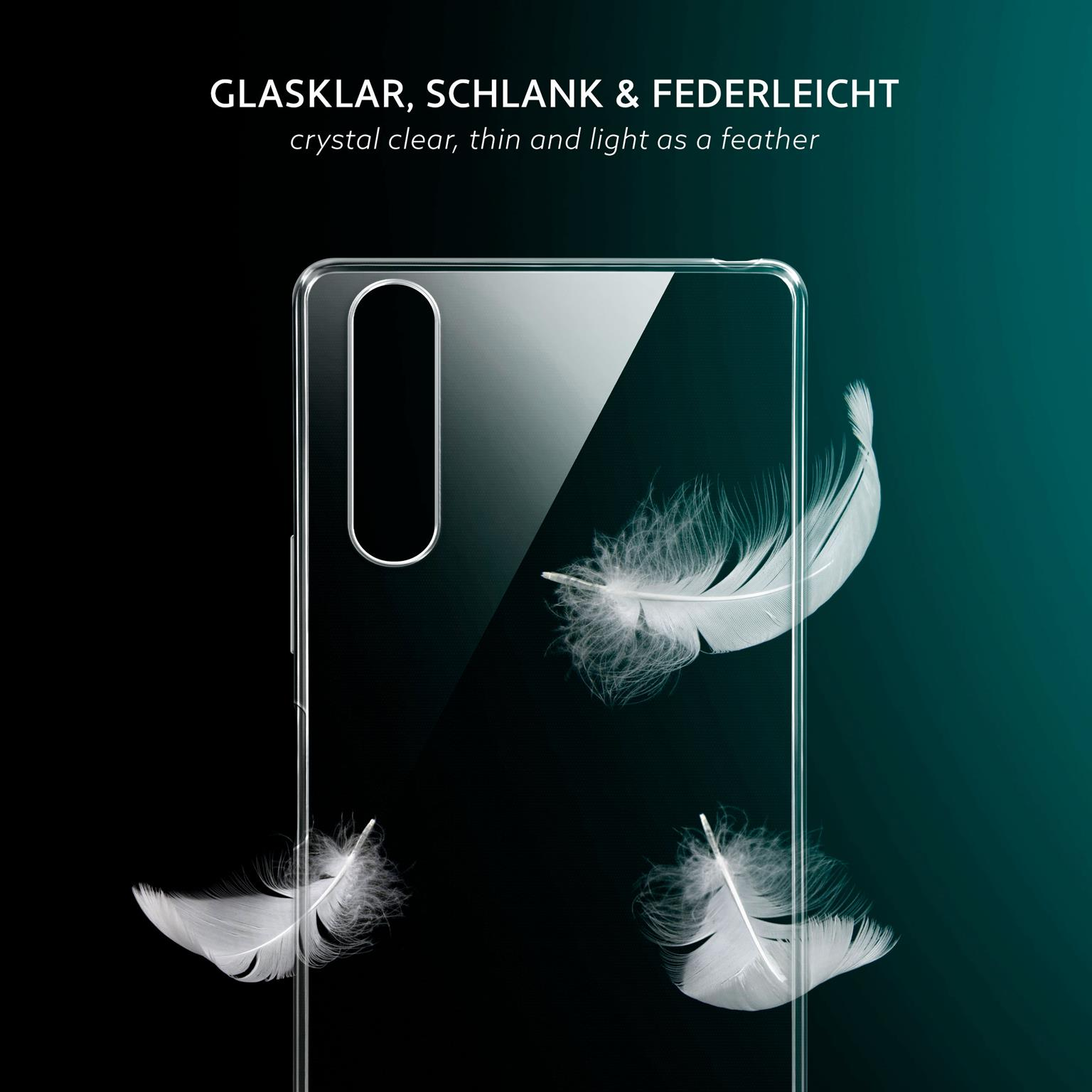 Transparente Handyhülle mit Telefon. Federn schweben im Hintergrund. Text: kristallklar, dünn.