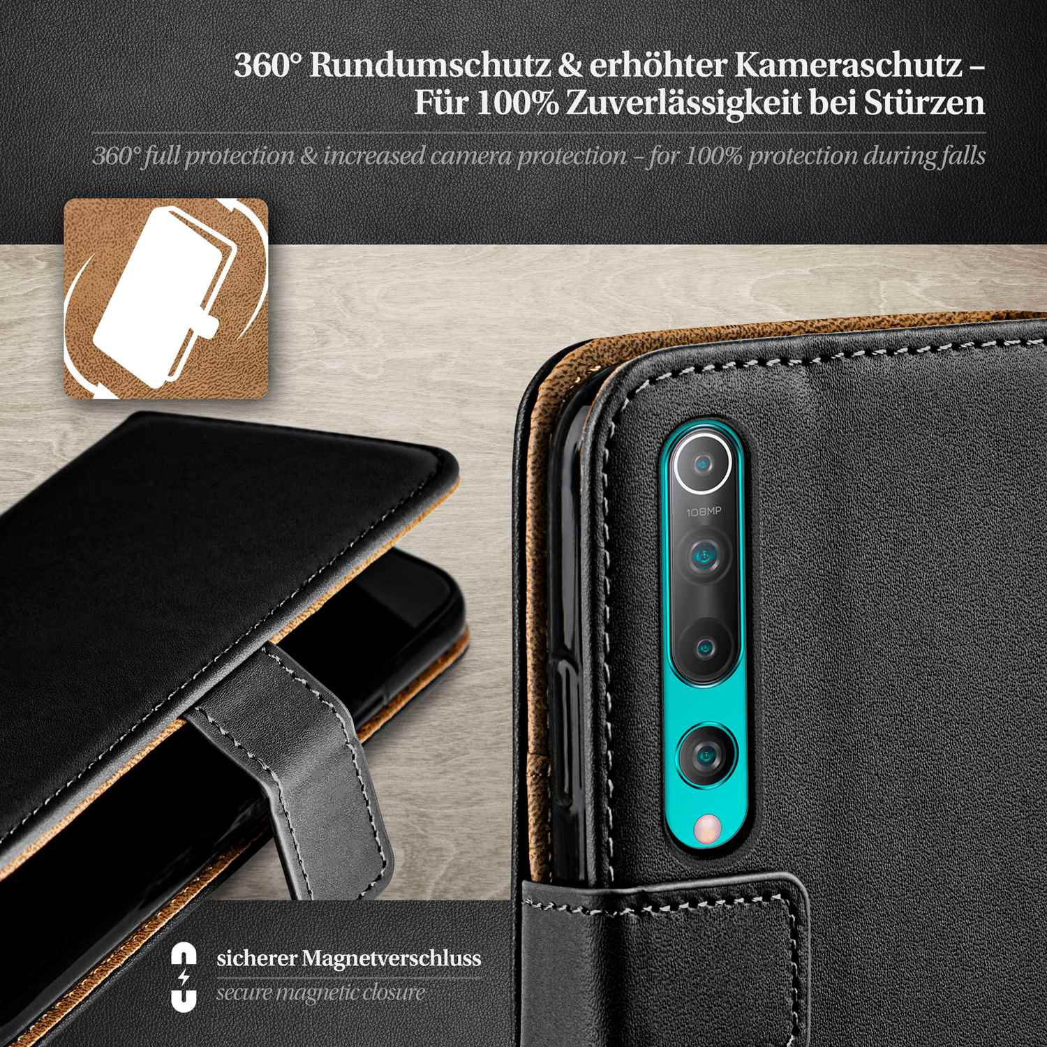 Schwarze Handyhülle offen, Handy sichtbar. Nahaufnahme Kamera & Gehäuse. Weiße Nähte und Magnetverschluss.