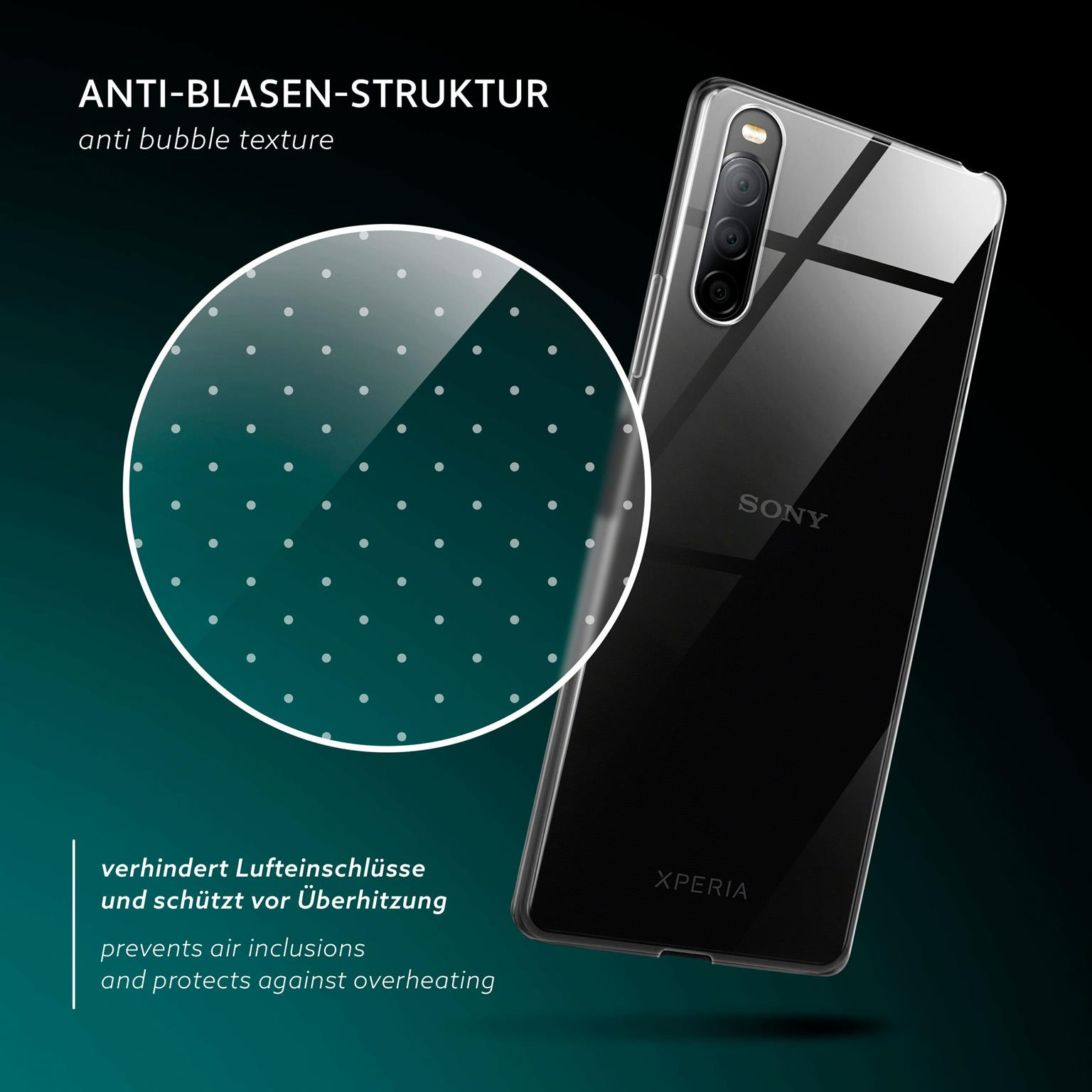 Sony-Telefon in klarer Hülle. Die Hülle hat Anti-Blasen-Textur. Die Hülle verhindert Lufteinschlüsse.