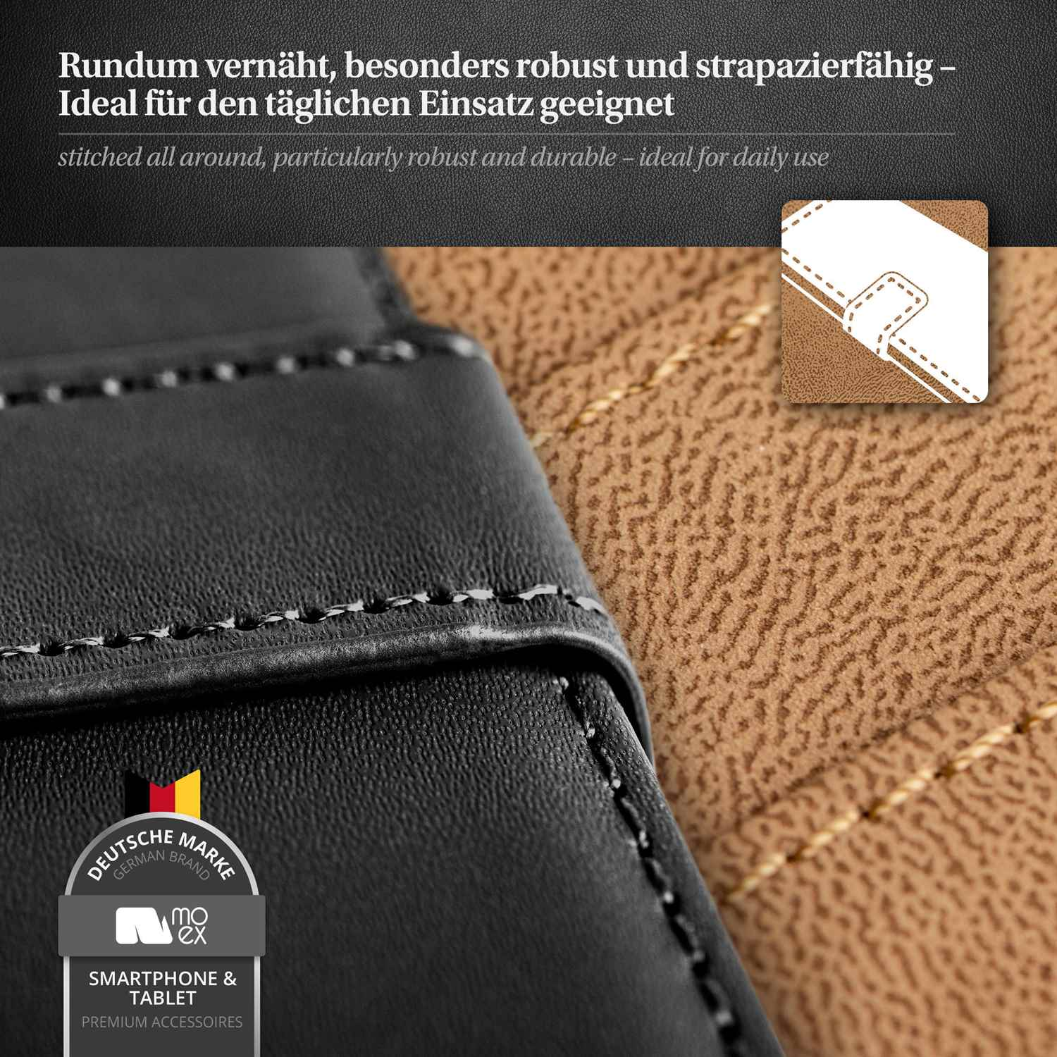 Schwarzes Leder-Handycase-Detail. Genähte Naht, braune Innenseite und Logo sind zu sehen.