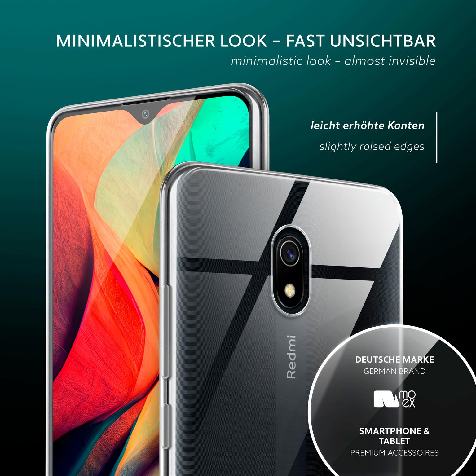 Klare Handyhülle auf einem Telefon. Deutsches Markenlogo. Leicht erhöhte Kanten. Roter Hintergrund.