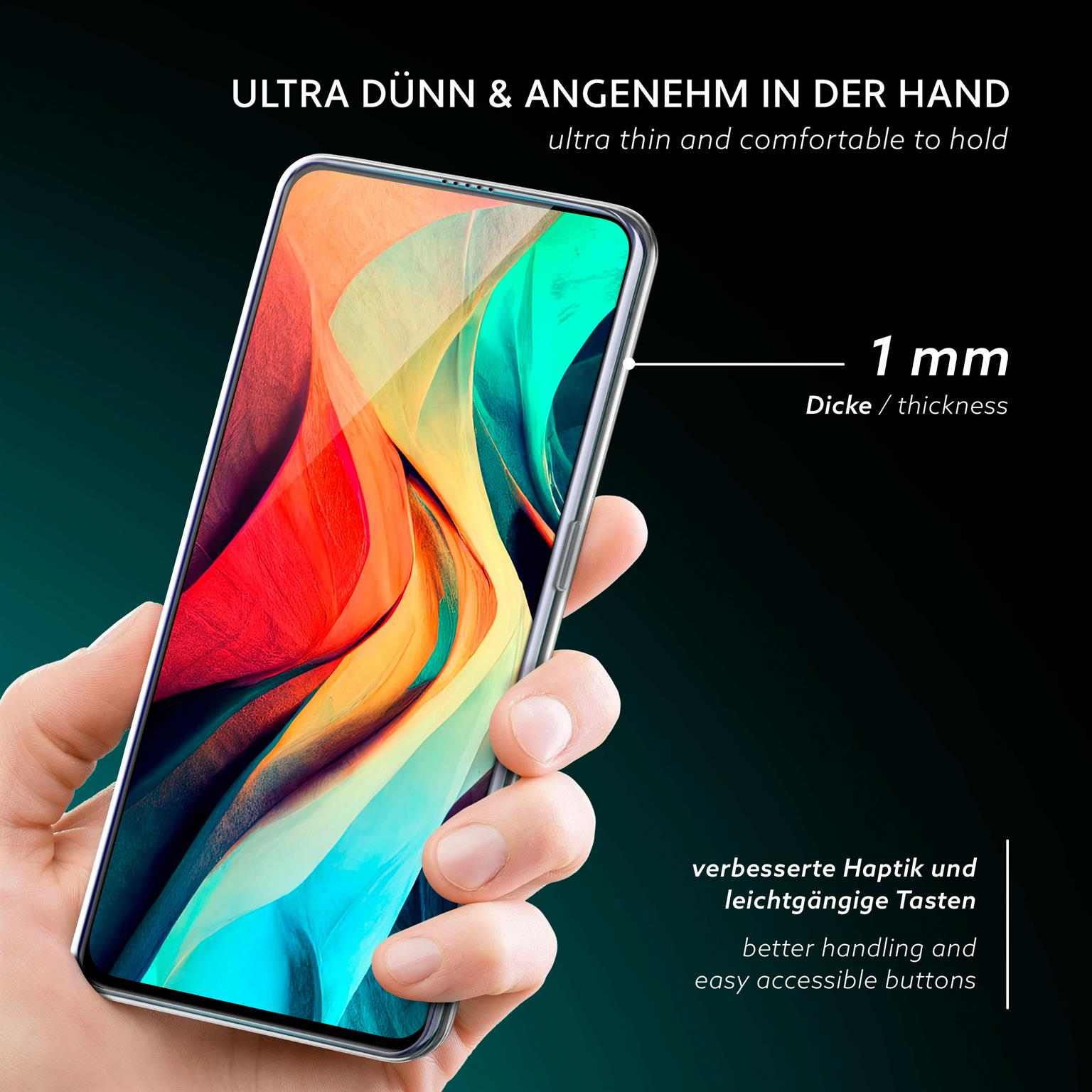Hand hält Telefon, Bildschirm zeigt farbenfrohe Abstraktion. Dicke 1mm. Schwarzer Hintergrund.