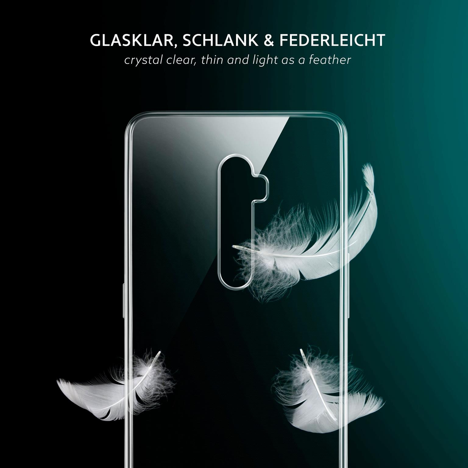 Eine transparente Handyhülle mit drei weißen Federn vor einem dunkelblauen Hintergrund.
