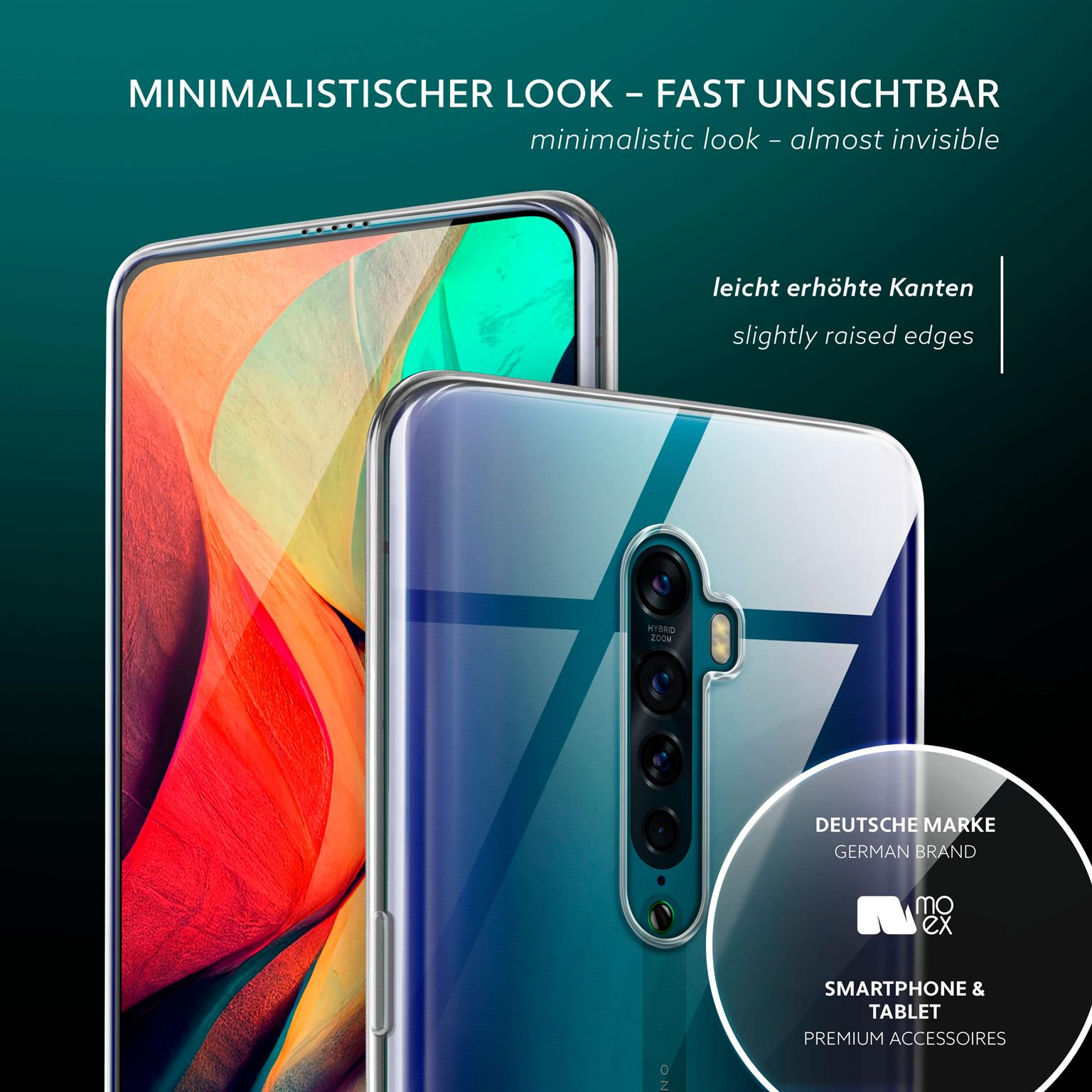 Zwei Telefone nebeneinander, eines mit klarem Schutz, mit deutschem Markenlogo.