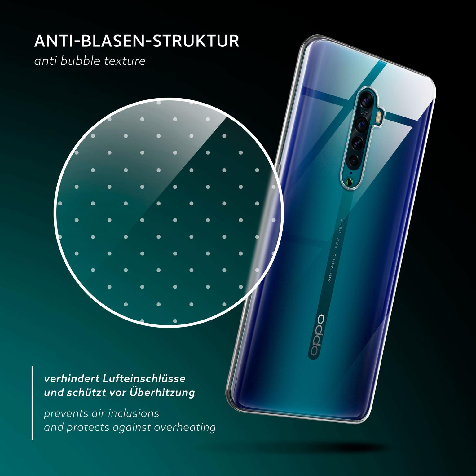 Telefon mit transparenter Hülle, gepunktete Textur. Anti-Blasen-Design. Türkis-Blau-Verlaufshintergrund.