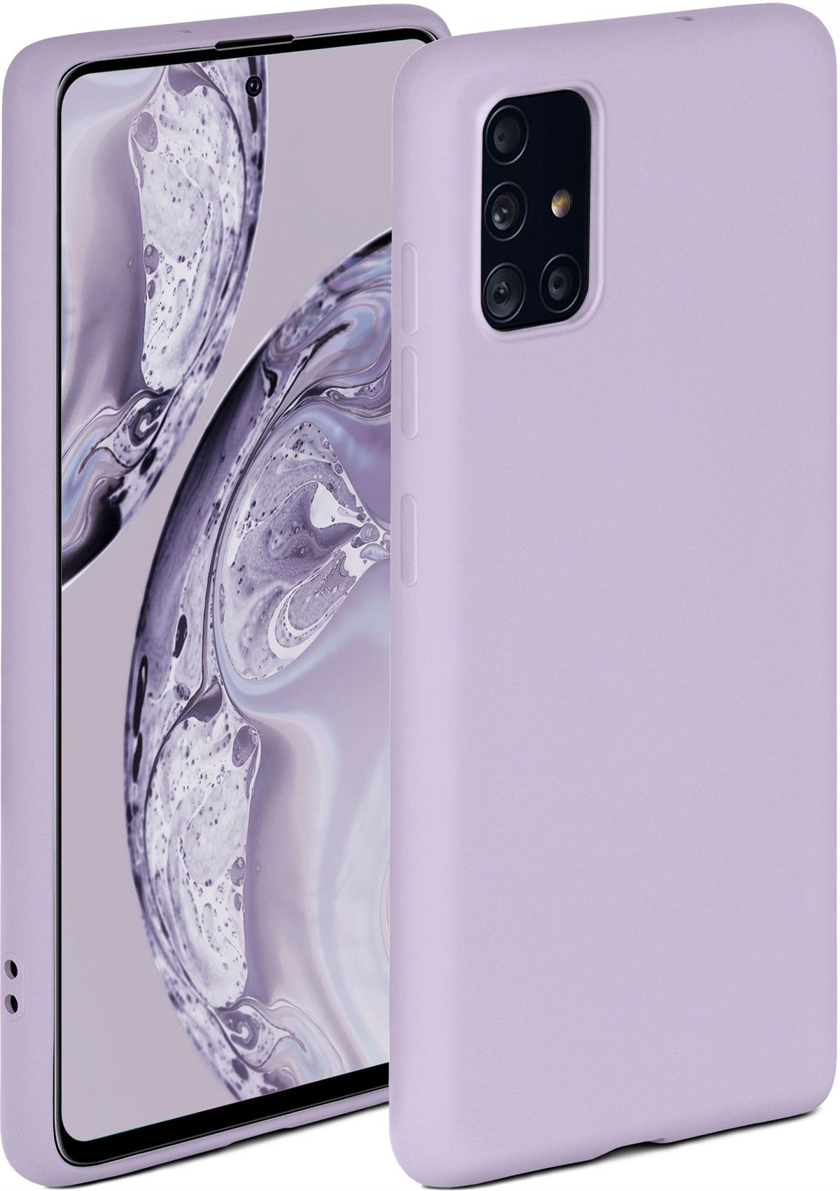 Eine lila Handyhülle. Das Telefon ist rechts, die Hülle links. Sie hat mehrere Kameras.