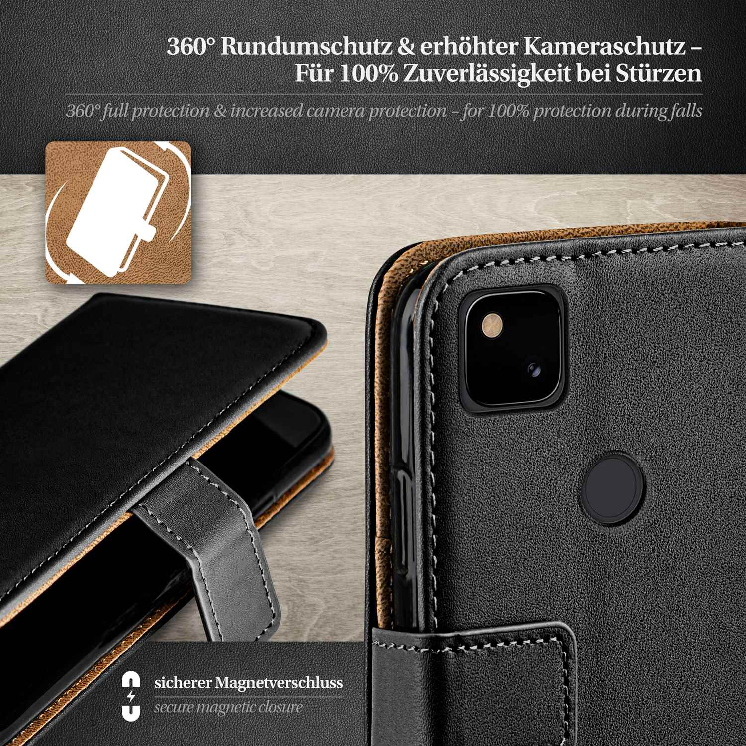 Schwarze Handyhülle mit Nähten, Magnetverschluss und Handy. Text auf Deutsch.