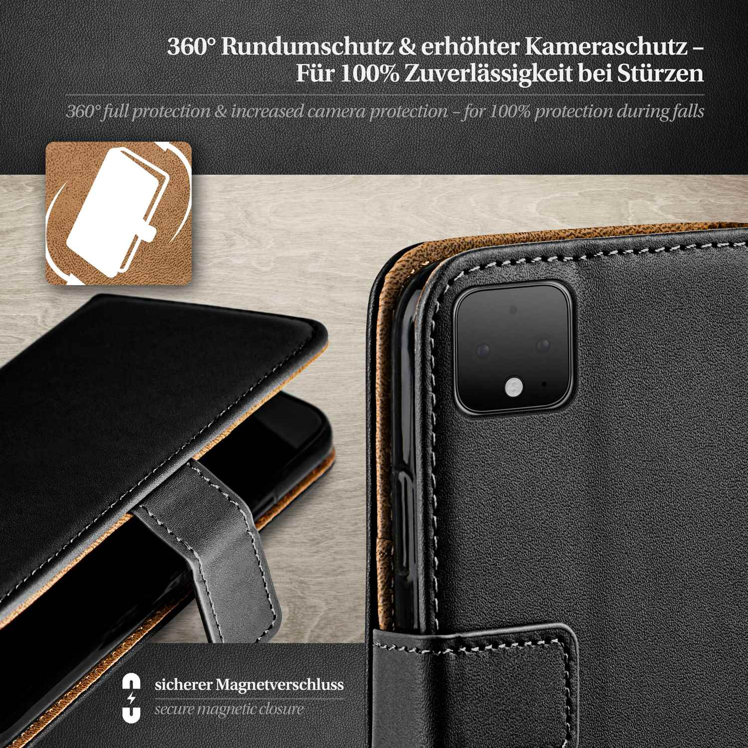 Schwarze Handyhülle mit braunem Innenraum. Schwarzes Telefon innen. Weiße Nähte, weißer Text.